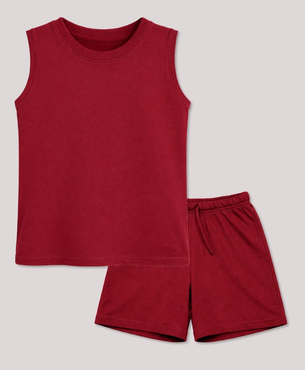 BLUSHES 100% Cotton Knit Sleeveless Solid Tee & Shorts Set - Maroon-picture-33
