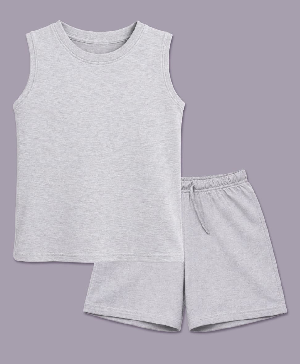 BLUSHES 100% Cotton Knit Sleeveless Solid Tee & Shorts Set - White Melange-picture-21