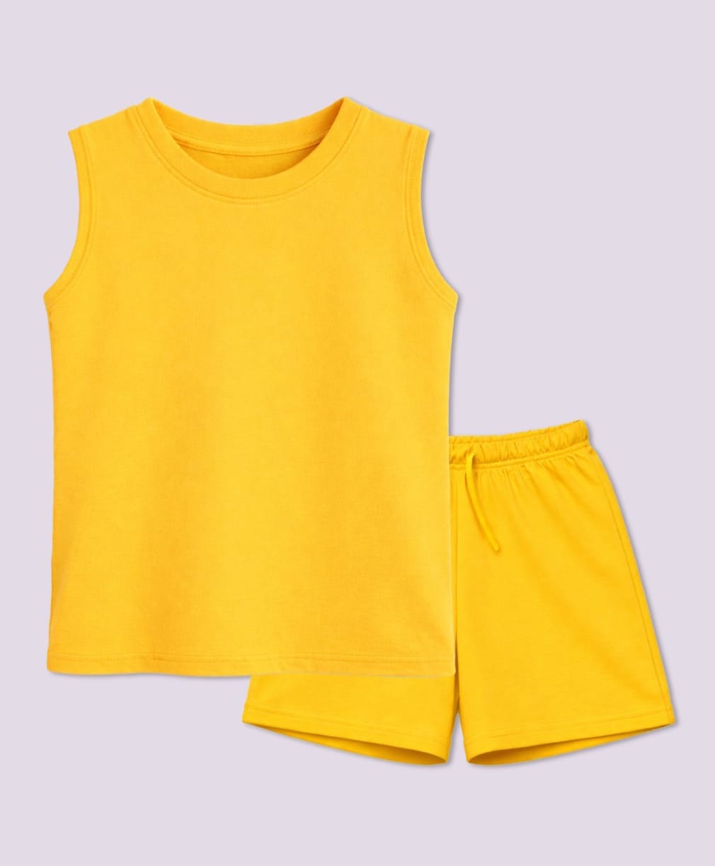 BLUSHES 100% Cotton Knit Sleeveless Solid Tee & Shorts Set - Yellow-picture-18