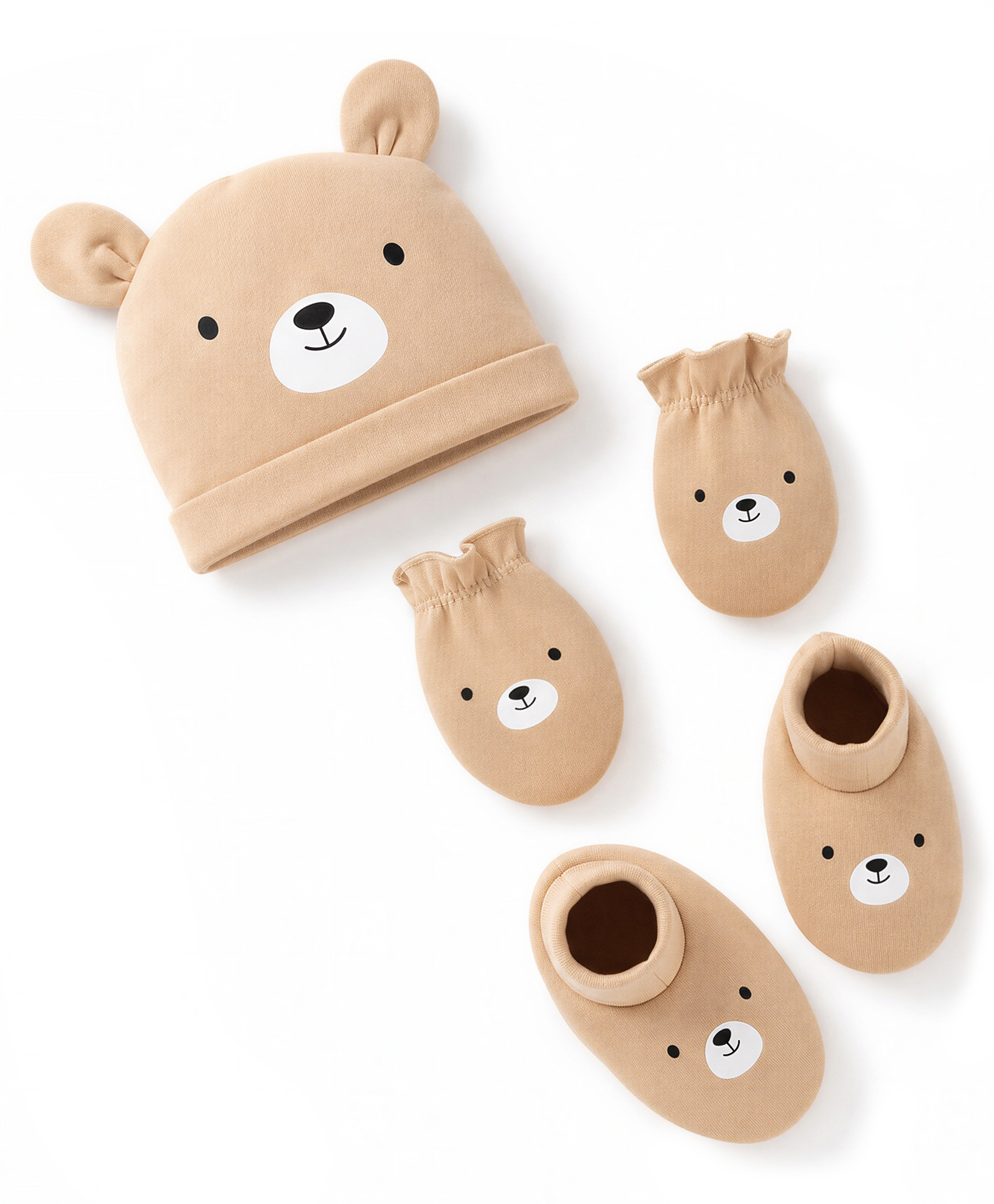 Babyhug Interlock Knit Cap Mitten & Booties with Bear Print & Applique Tan - Diameter 16 cm-picture-12