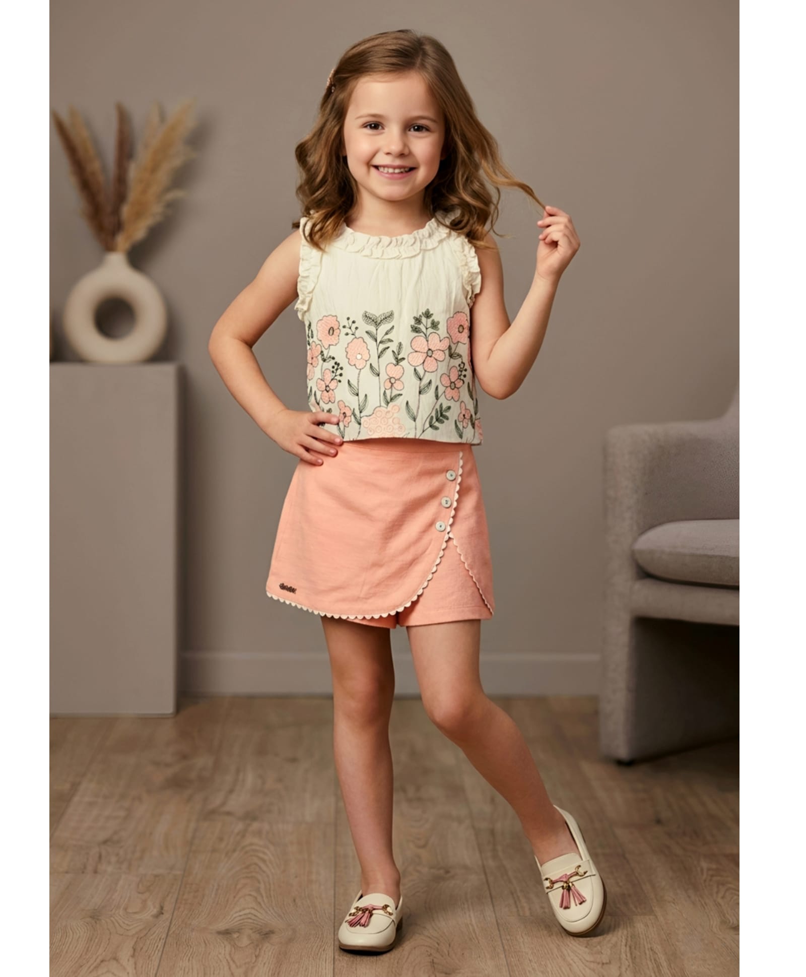 Lei-Chie Cotton Blend Woven Floral Embroidered Sleeveless Top & Skorts - Peach-picture-25