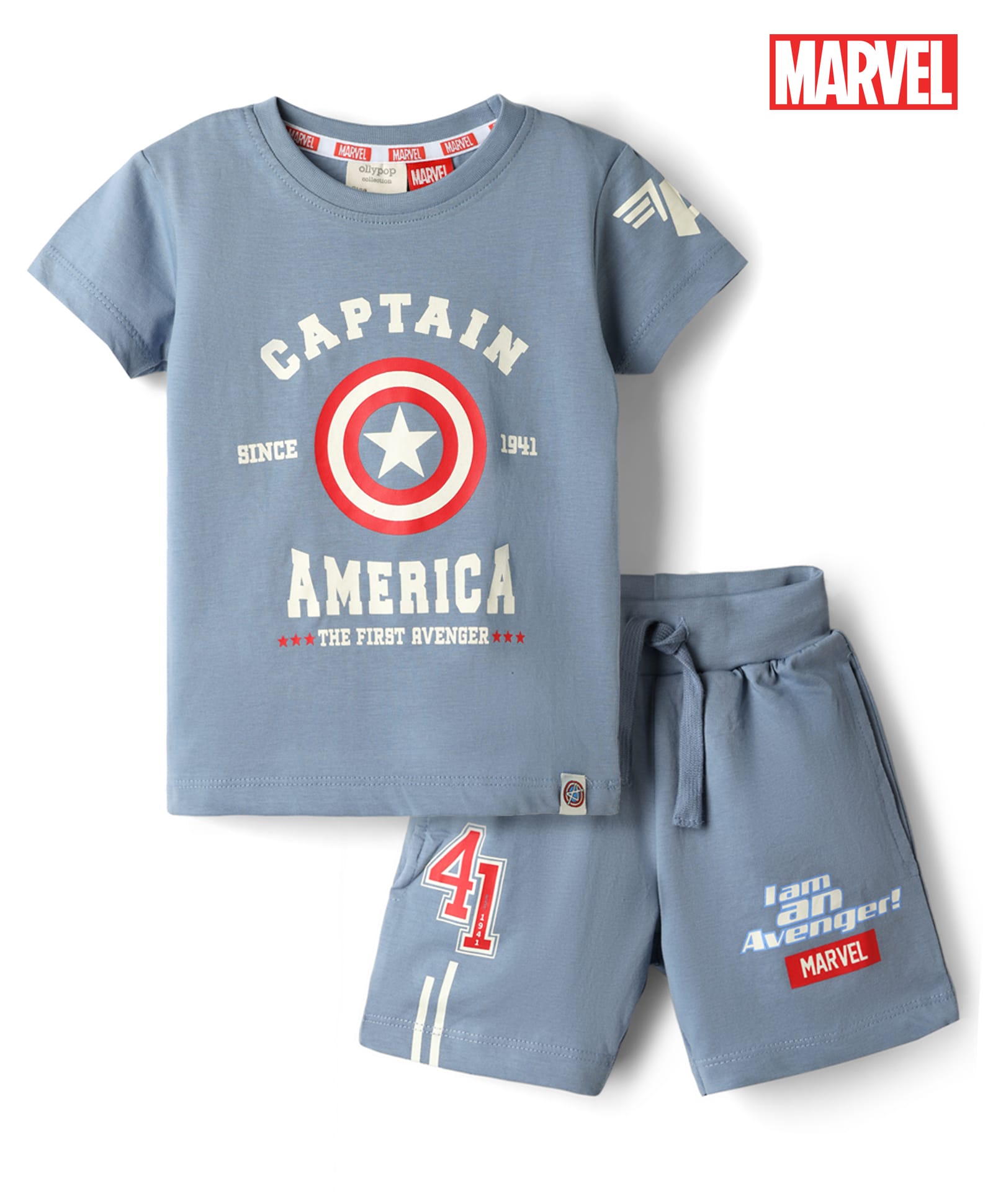 Ollypop Marvel Sinker Knit Half Sleeves T-Shirt & Shorts Set With Captain America Graphic - Blue-image-44