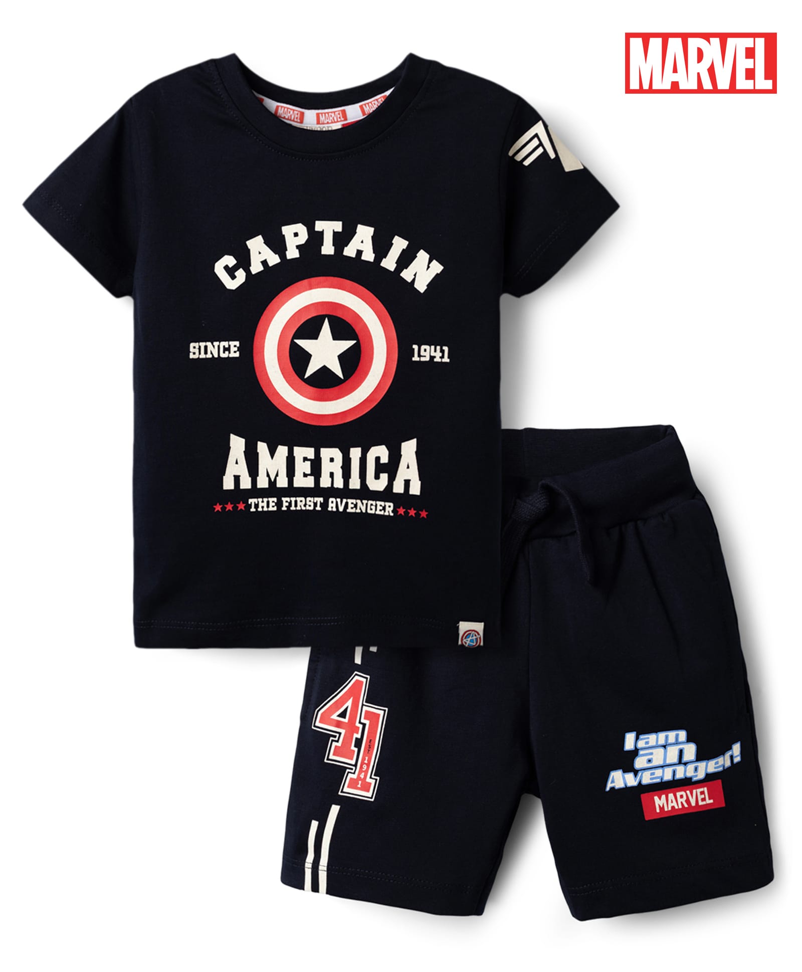 Ollypop Marvel Sinker Knit Half Sleeves T-Shirt & Shorts Set With Captain America Graphic - Navy Blue-image-29