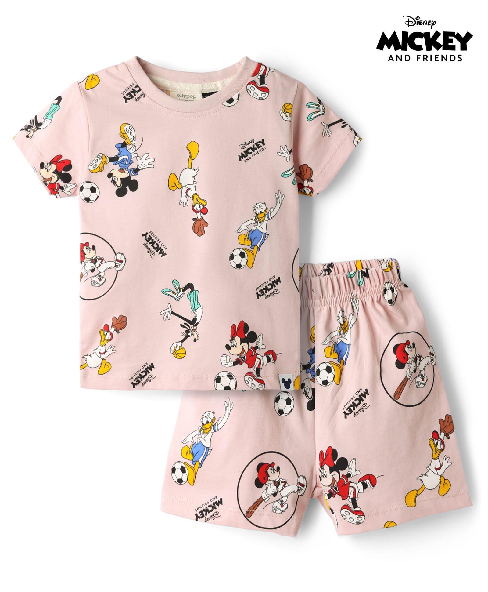 Ollypop Disney Sinker Knit Half Sleeves Co-Ords T-Shirt & Shorts Set With Mickey Mouse & Friends Graphic - Pink-picture-26