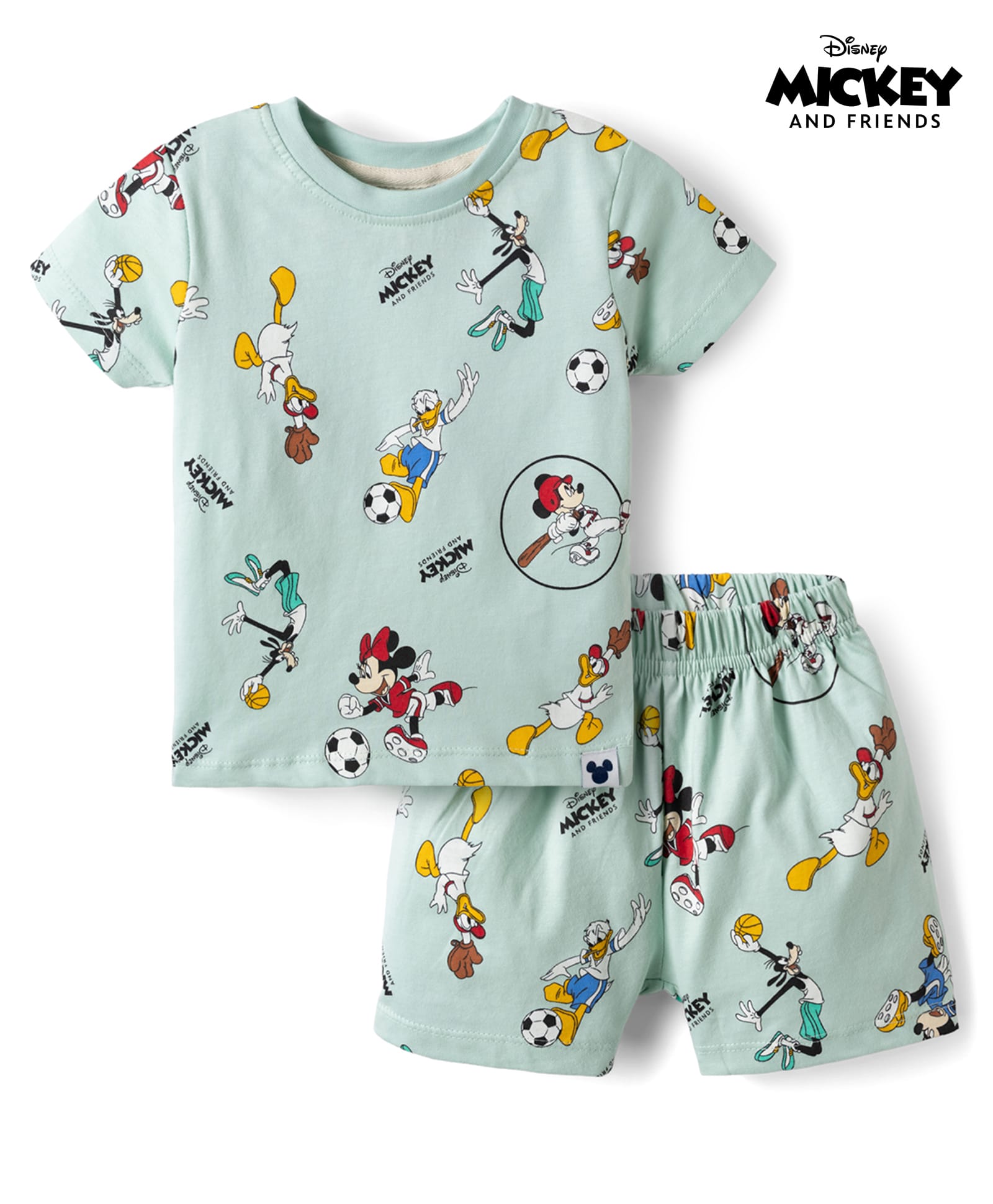Ollypop Disney Sinker Knit Half Sleeves Co-Ords T-Shirt & Shorts Set With Mickey Mouse & Friends Graphic - Sea Green-image-34