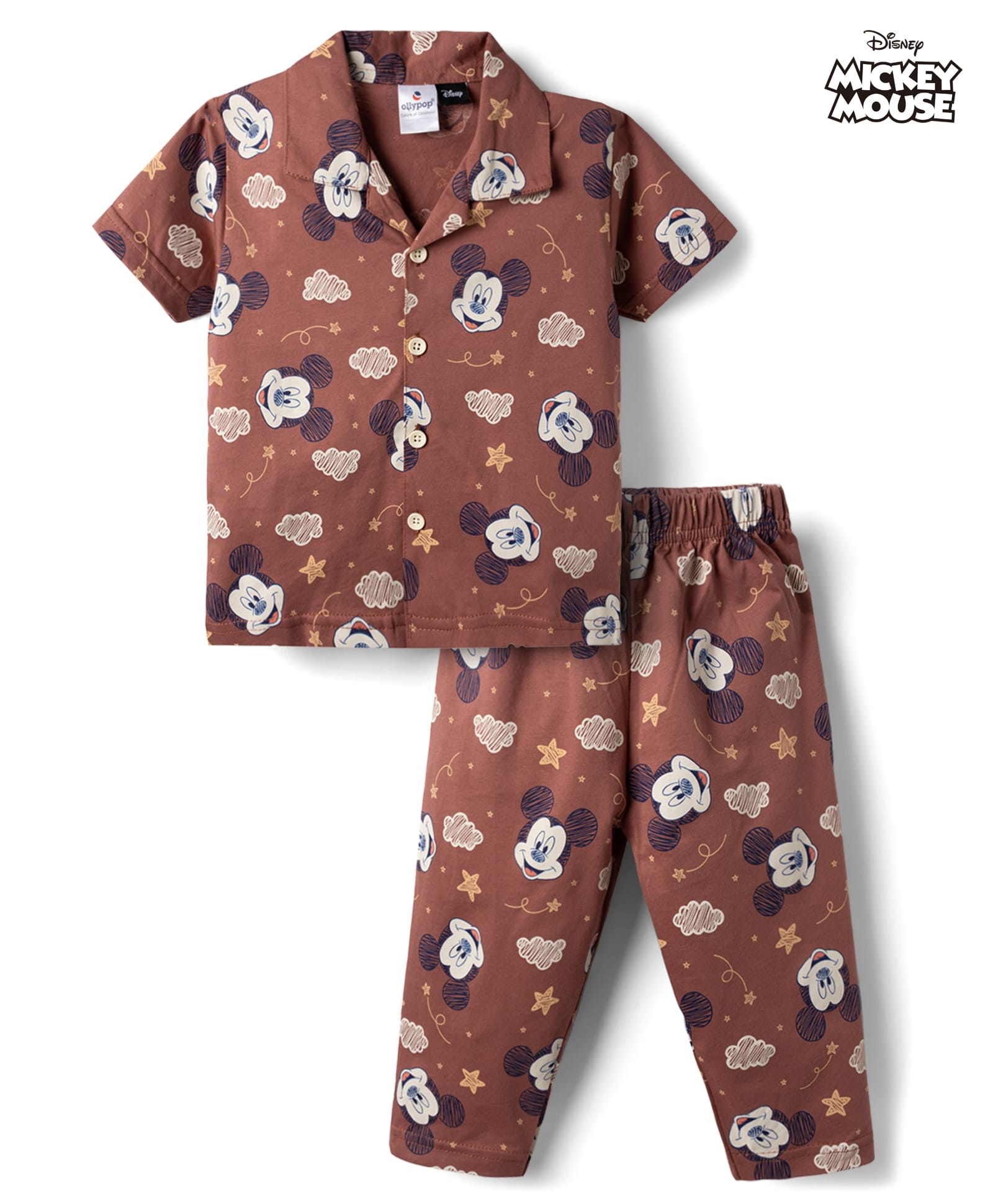 Ollypop Disney Sinker Knit Half Sleeves Mickey Mouse Printed Co-Ords Shirt & Pajama Night Suit -Brown-image-44