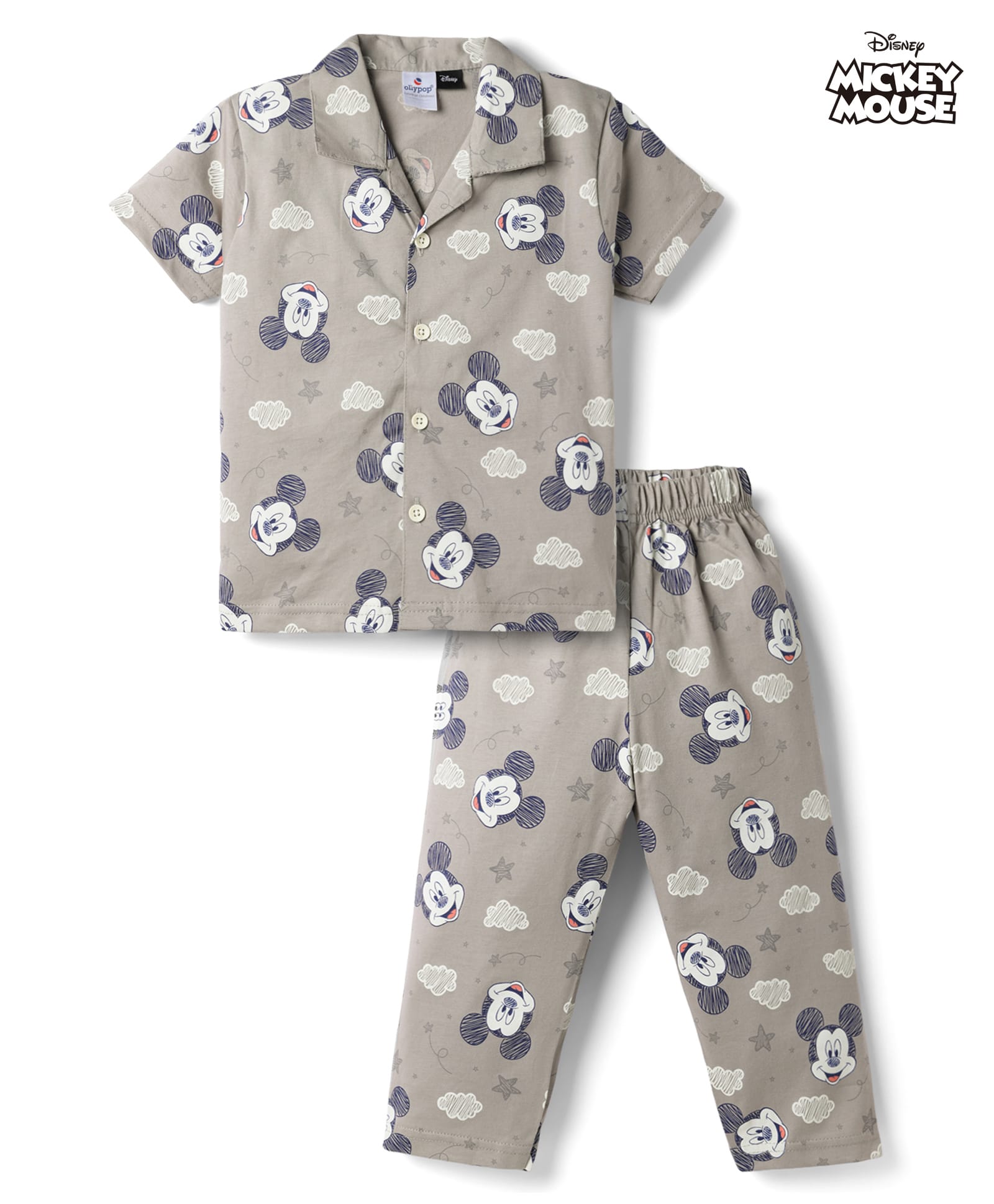 Ollypop Disney Sinker Knit Half Sleeves Mickey Mouse Printed Co-Ords Shirt & Pajama Night Suit -Grey-picture-27
