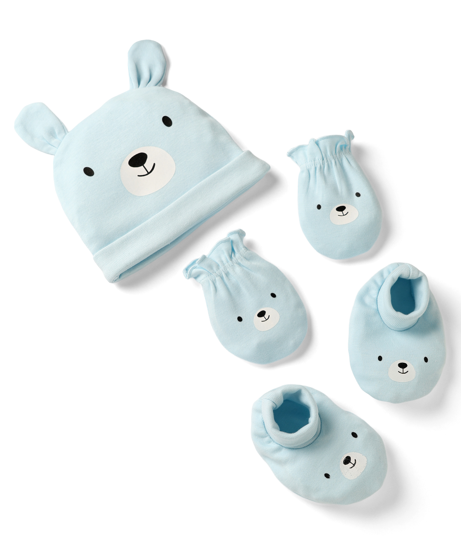 Babyhug 100% Cotton Interlock Knit Solid Cap Mittens & Booties With Bear Print Blue - Diameter 15 cm-image-11