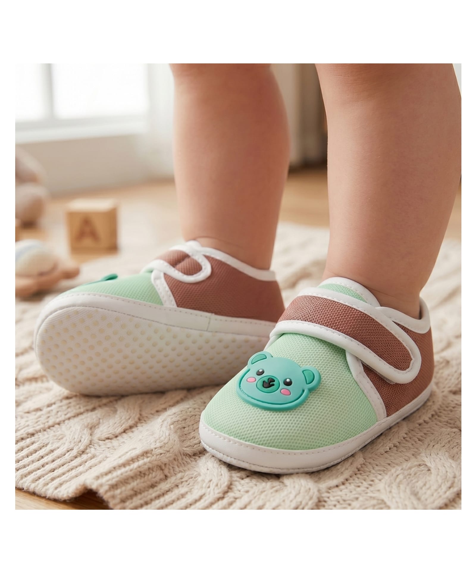 Neska Moda Bear Applique Detailed Velcro Closure Booties - Green & Brown-picture-30