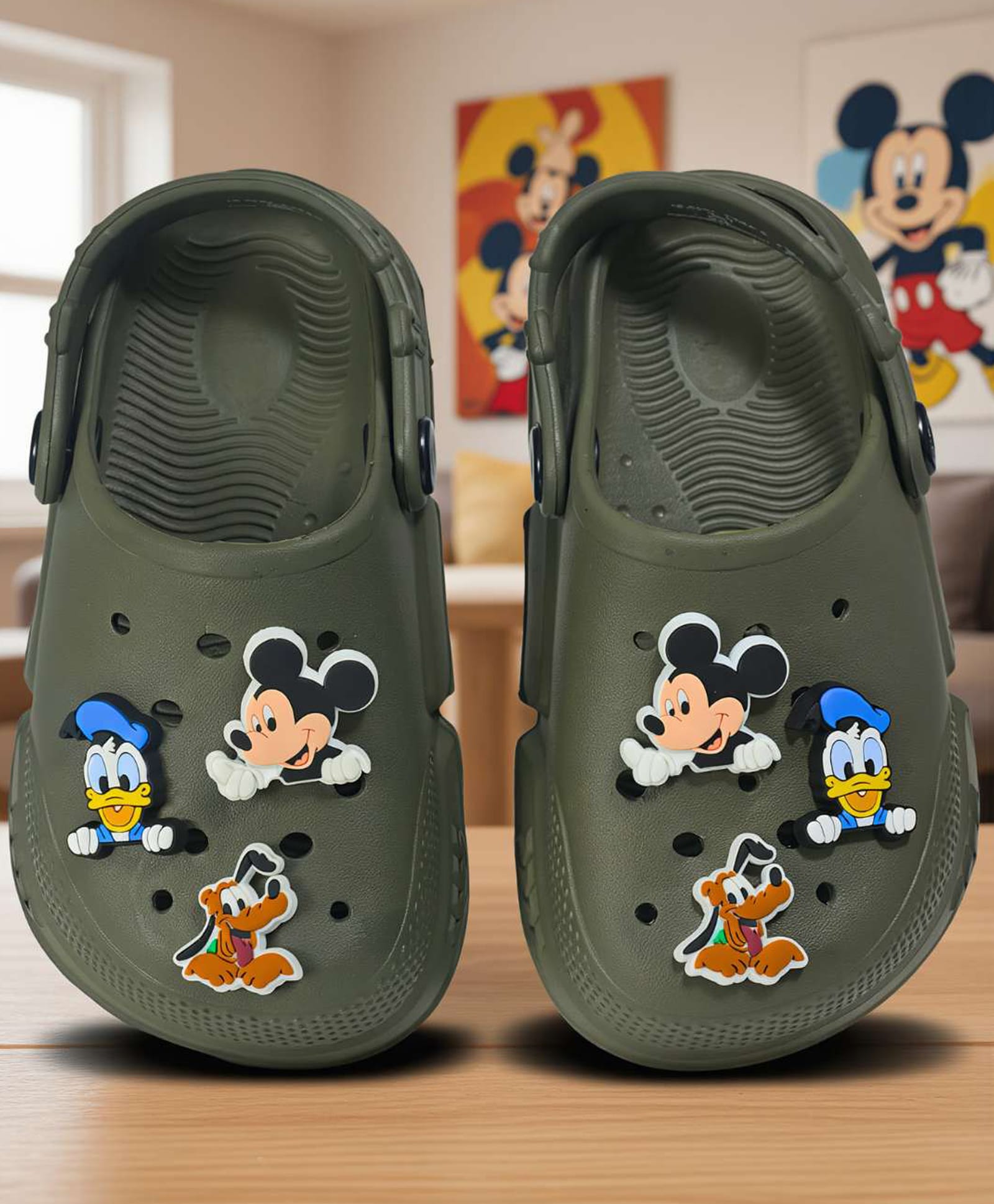Yellow Bee Disney Mickey Mouse & Friends Featuring Characters Applique Detailed Perforated Slingback Clogs - Olive Green-picture-46