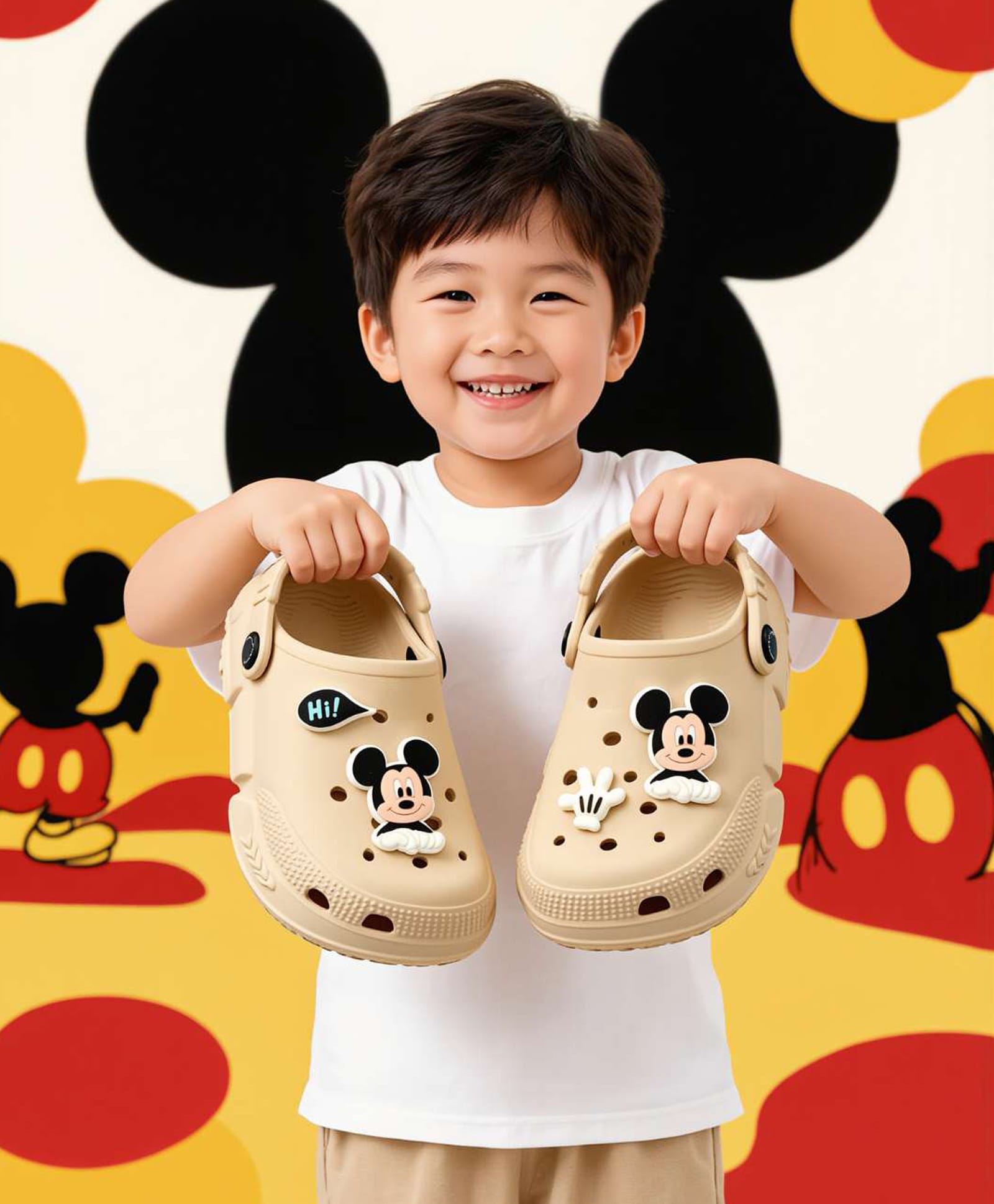 Yellow Bee Disney Mickey Mouse Featuring Character & Hi Text Applique Detailed Perforated Slingback Clogs - Beige-picture-40