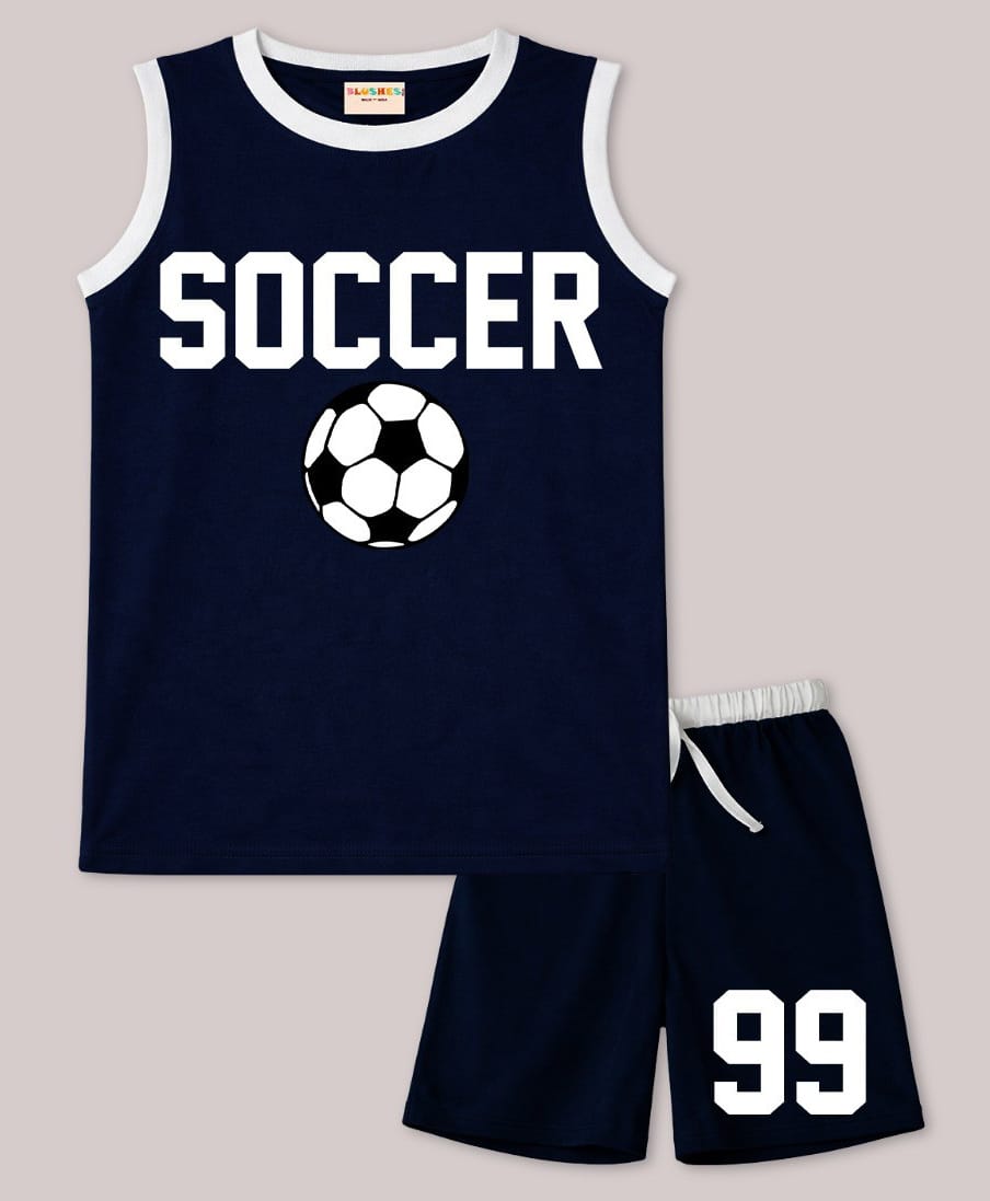 BLUSHES 100% Cotton Knit Sleeveless Football Printed Tee & Shorts Set - Navy Blue-picture-13