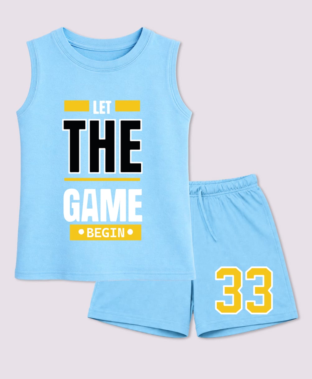 BLUSHES 100% Cotton Knit Sleeveless Let The Game Begin Text Printed Tee & Shorts Set - Aqua Blue-picture-25