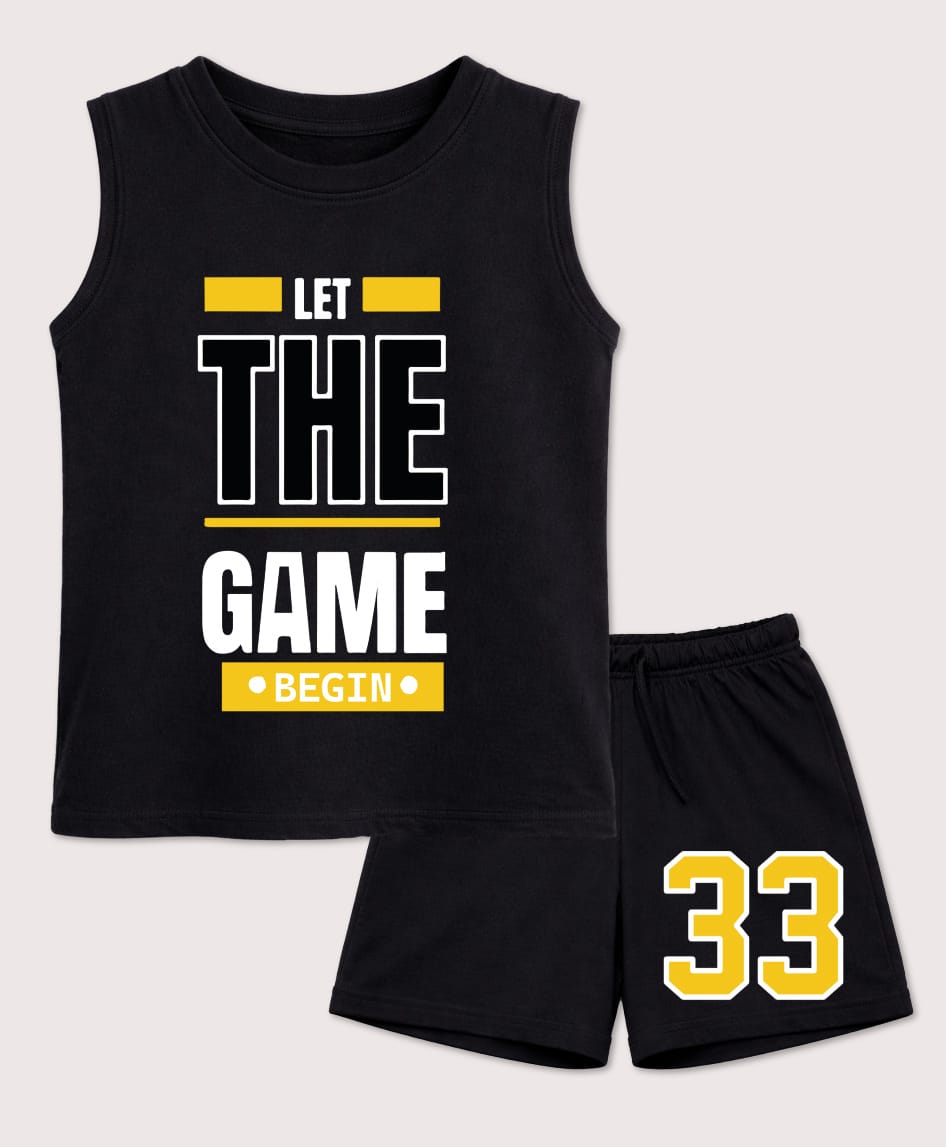 BLUSHES 100% Cotton Knit Sleeveless Let The Game Begin Text Printed Tee & Shorts Set - Black-picture-12