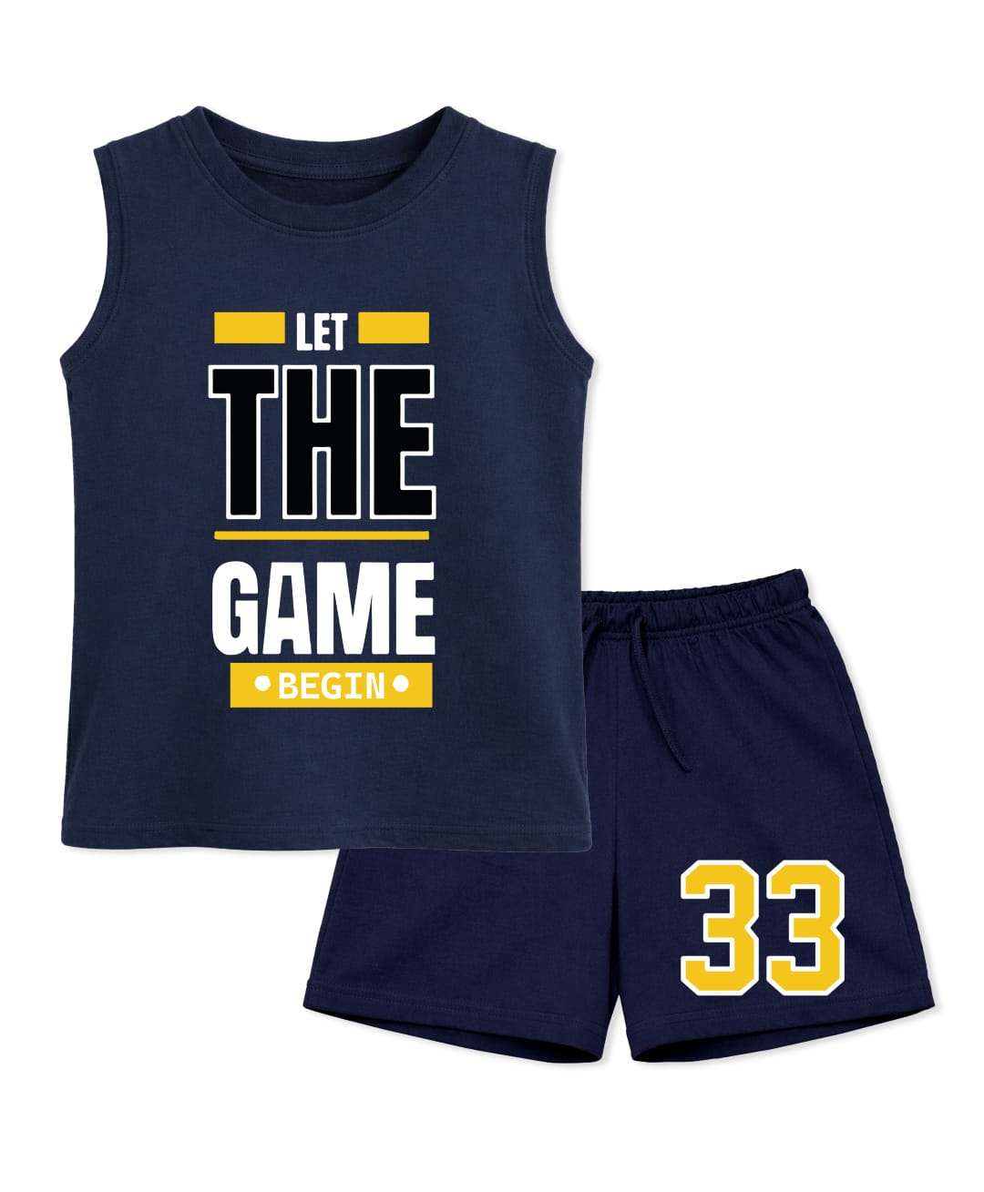 BLUSHES 100% Cotton Knit Sleeveless Let The Game Begin Text Printed Tee & Shorts Set - Airforce Navy Blue-picture-21