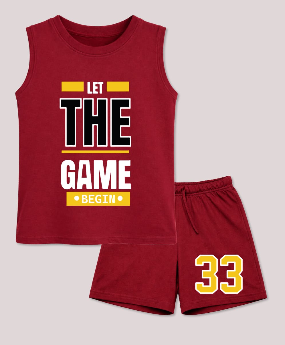 BLUSHES 100% Cotton Knit Sleeveless Let The Game Begin Text Printed Tee & Shorts Set - Maroon-picture-28