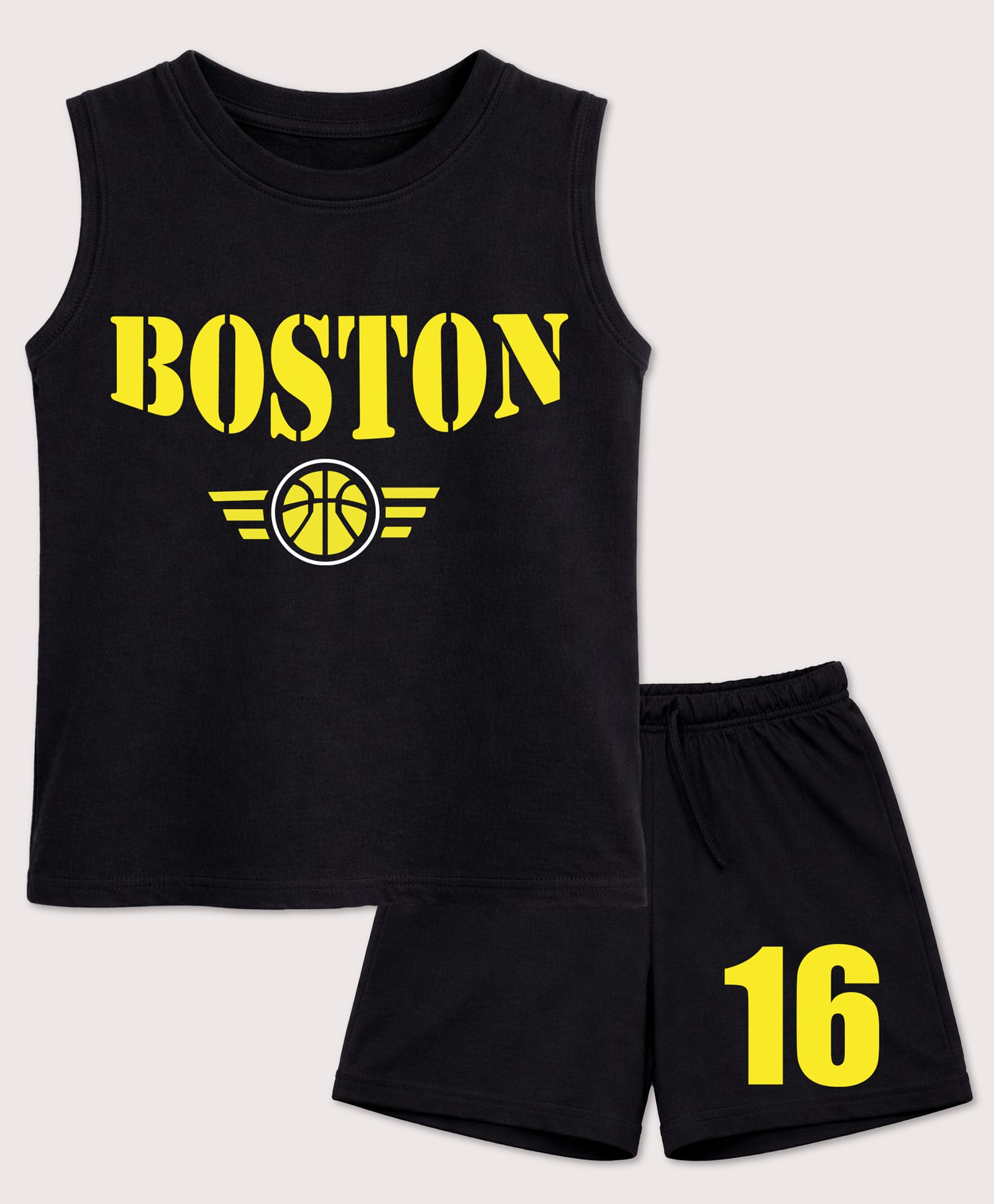 BLUSHES 100% Cotton Knit Sleeveless Boston Text Printed Tee & Shorts Set - Black-picture-27