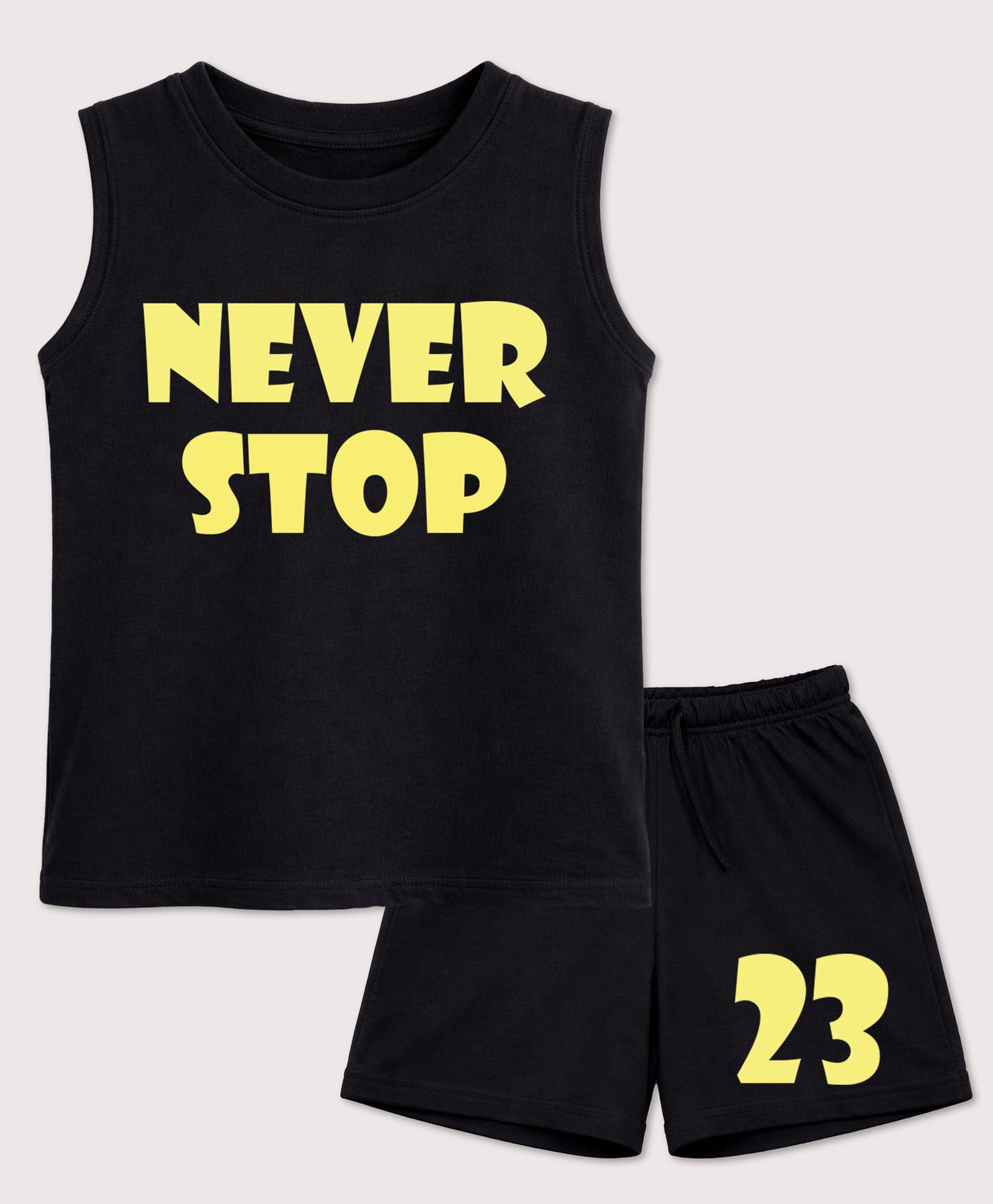 BLUSHES 100% Cotton Knit Sleeveless Never Stop Text Printed Tee & Shorts Set - Black-picture-28