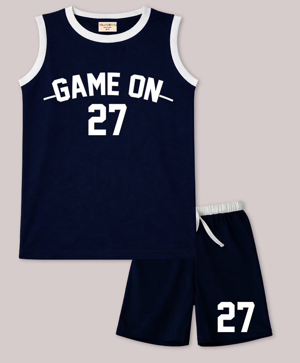 BLUSHES 100% Cotton Knit Sleeveless Game On Text Printed Tee & Shorts Set - Navy Blue-picture-11