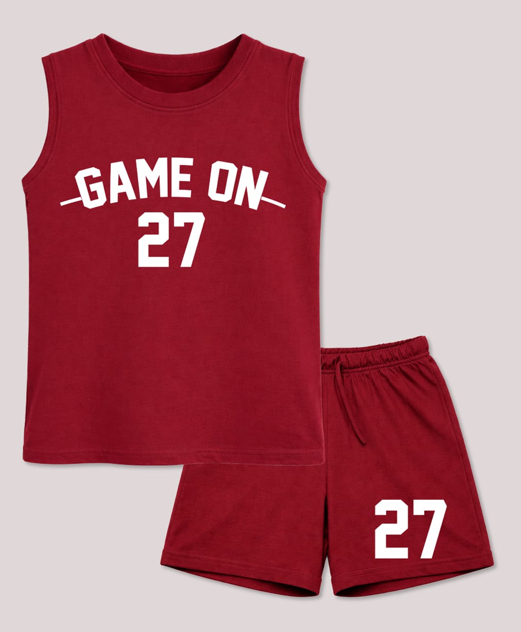 BLUSHES 100% Cotton Knit Sleeveless Game On Text Printed Tee & Shorts Set - Maroon-picture-11