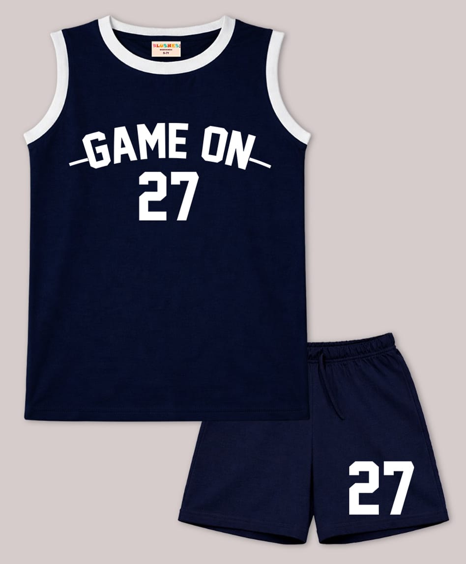 BLUSHES 100% Cotton Knit Sleeveless Game On Text Printed Tee & Shorts Set - Navy Blue-picture-10
