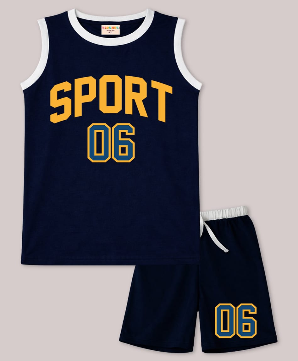 BLUSHES 100% Cotton Knit Sleeveless Sport Text Printed Tee & Shorts Set - Navy Blue-picture-40