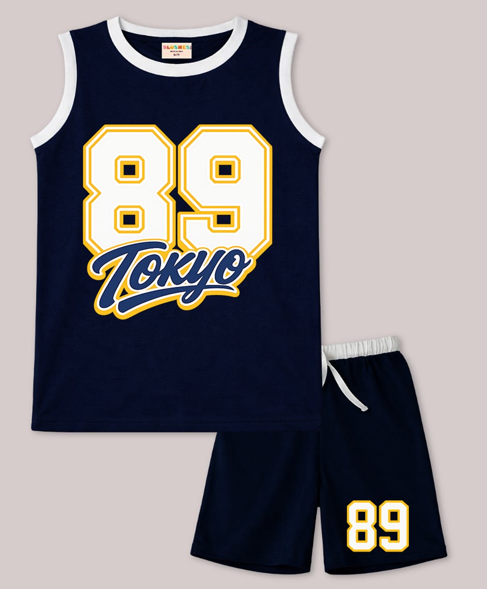BLUSHES 100% Cotton Knit Sleeveless 89 Number Printed Tee & Shorts Set - Navy Blue-picture-25