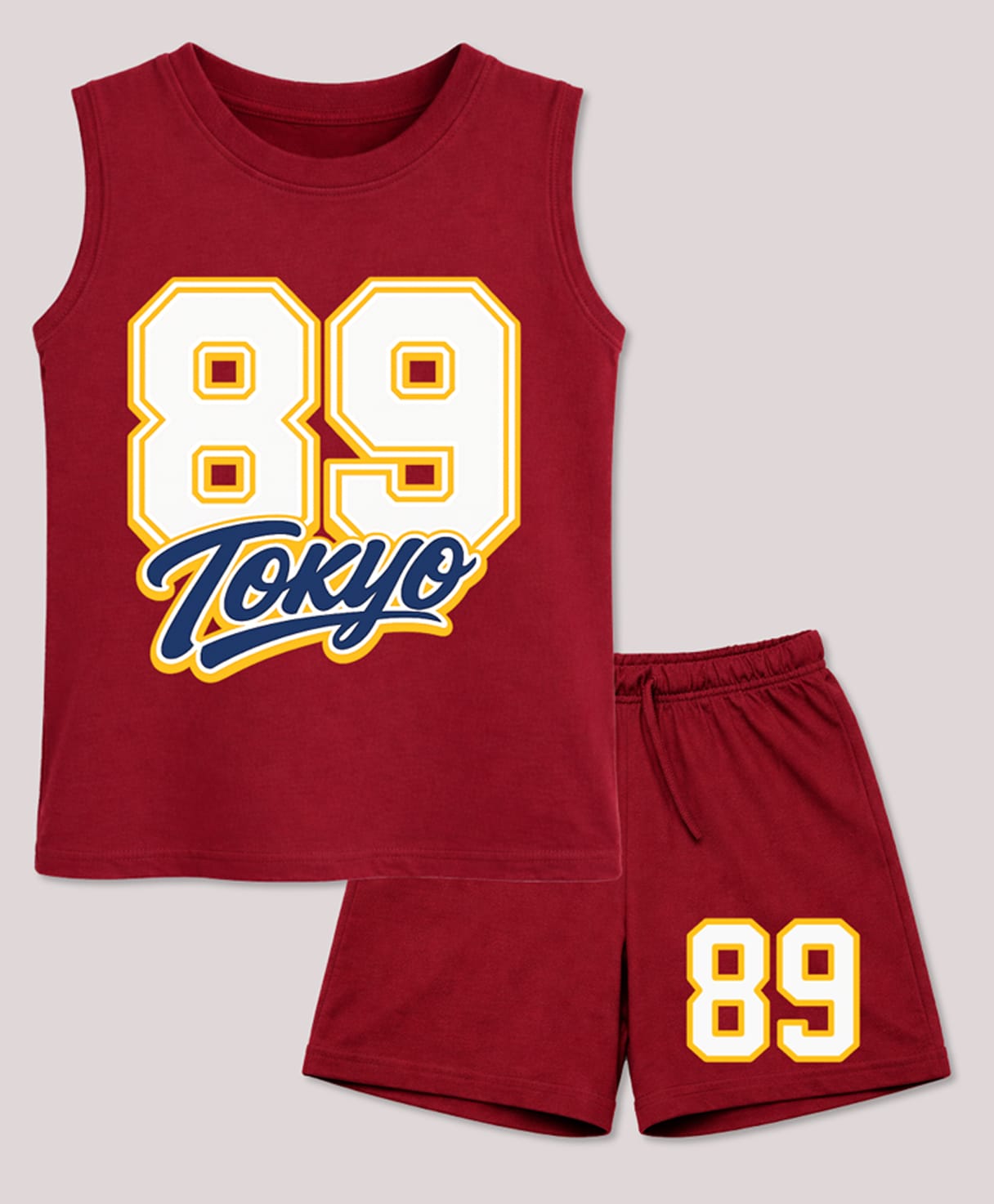BLUSHES 100% Cotton Knit Sleeveless 89 Number Printed Tee & Shorts Set - Maroon-picture-24