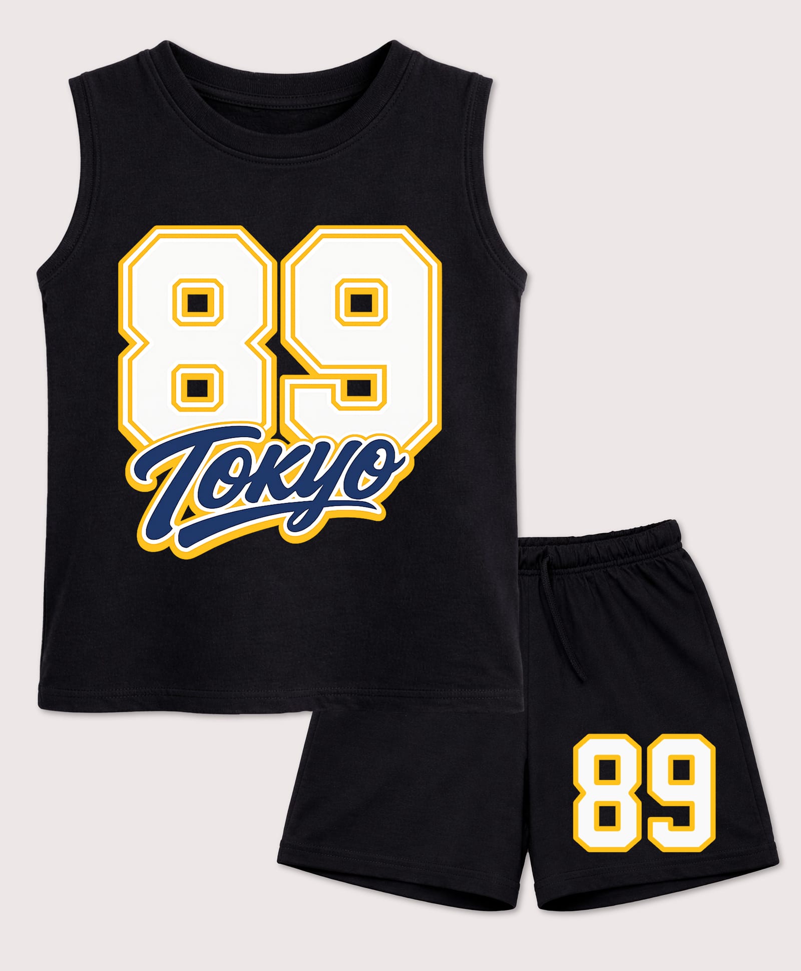BLUSHES 100% Cotton Knit Sleeveless 89 Number Printed Tee & Shorts Set - Black-picture-21
