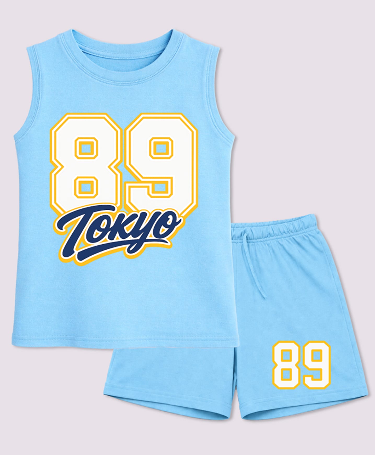 BLUSHES 100% Cotton Knit Sleeveless 89 Number Printed Tee & Shorts Set - Aqua Blue-picture-13