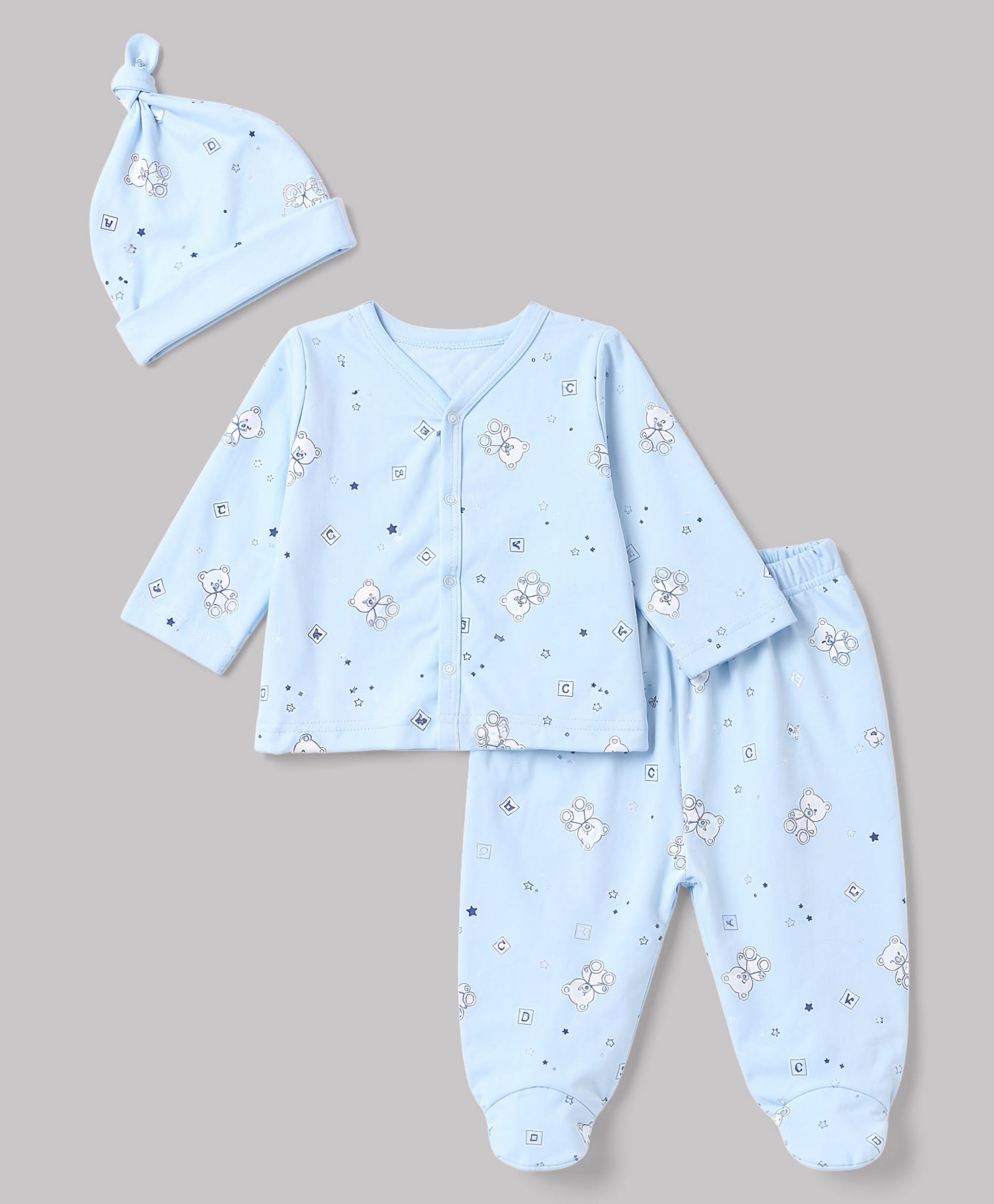 Doodle Poodle 100% Cotton Interlock Knit Full Sleeves Co-Ords Bear Printed Top & Pyjama Night Suit with Cap - Sky Blue-picture-6
