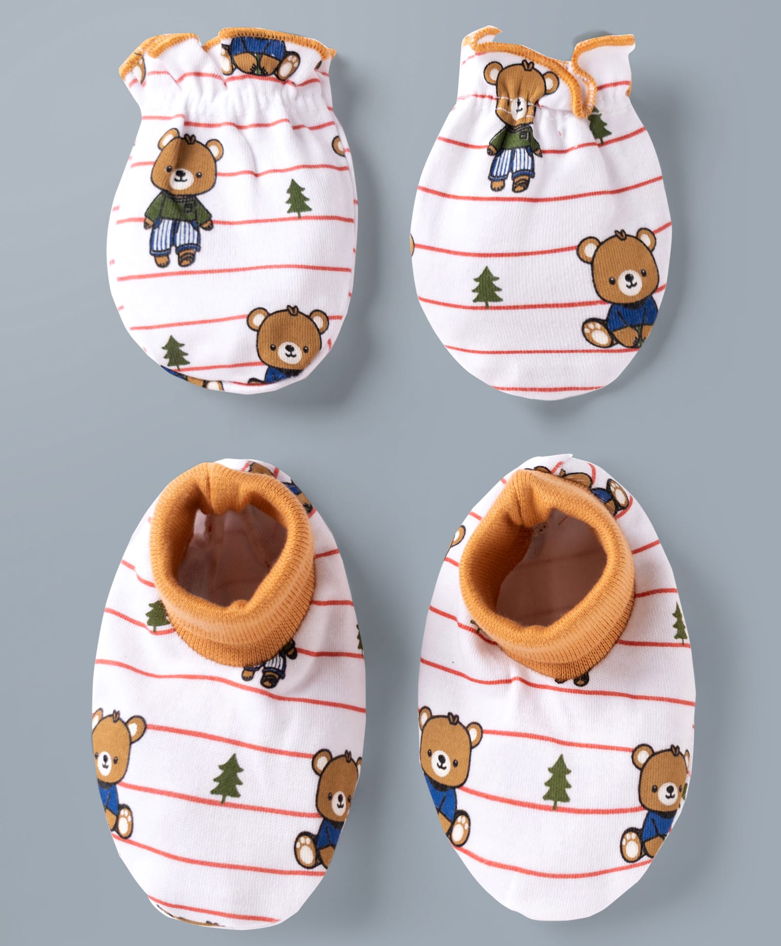 Babyhug 100% Cotton Interlock Knit Striped Mittens & Booties Set With Teddy Bear Print - White-image-30