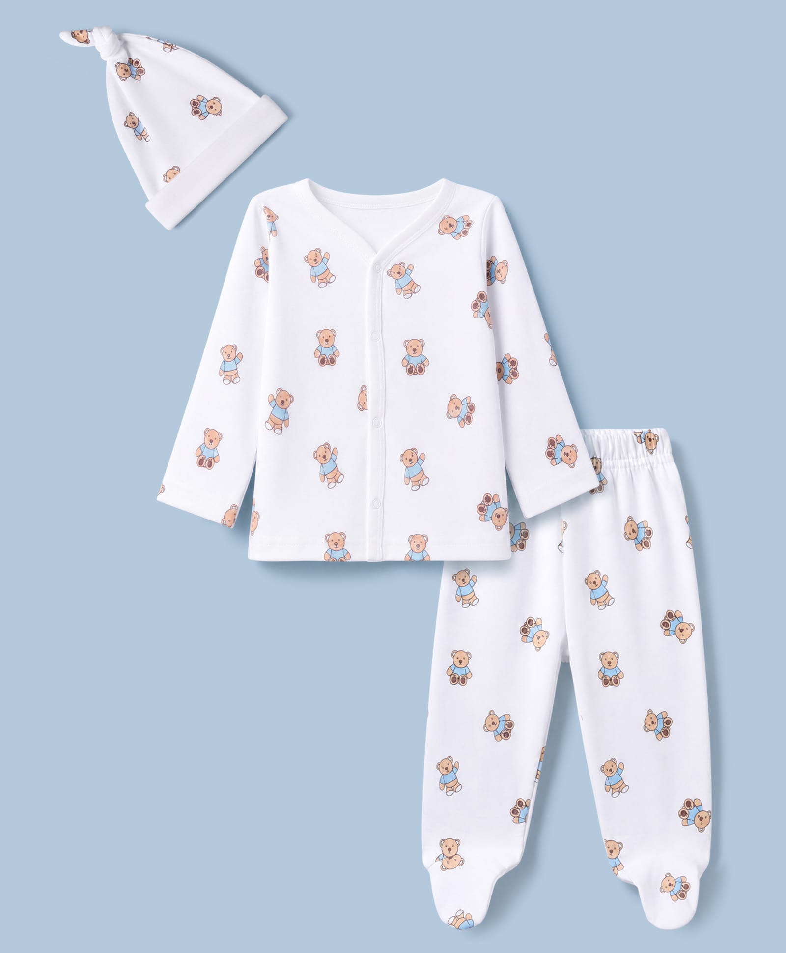 Doodle Poodle Interlock Knit 100 % Cotton Full Sleeves T-Shirt & Footed Leggings Co-Ords Night Suit With Teddy Bear Print & Cap - White-picture-16