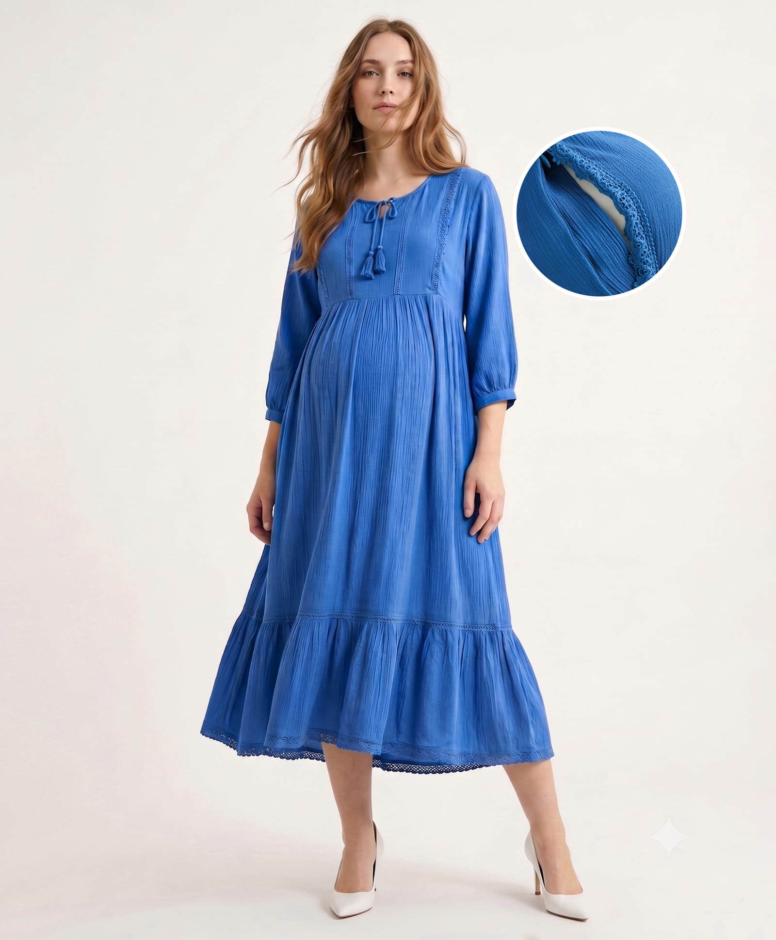 Bella Mama Woven Three Forth Sleeves Solid Maternity Dress With Lace Detailing - Blue-picture-32