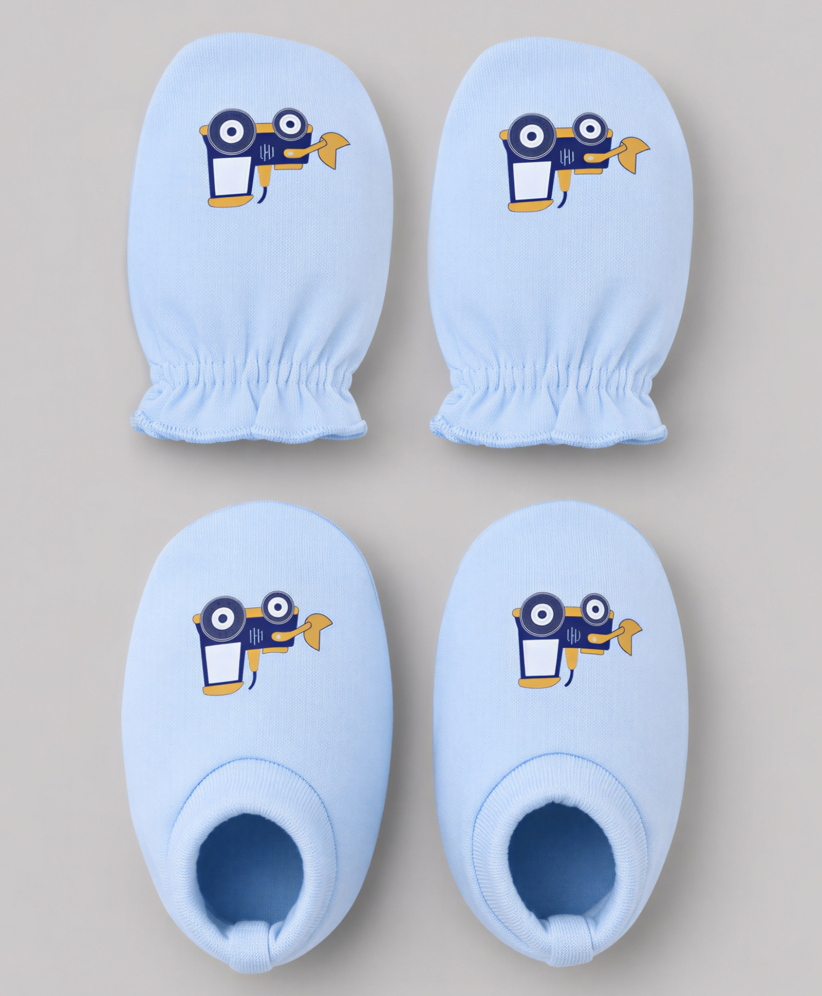 Babyhug 100% Cotton Interlock Knit Mittens & Booties with Vehicle Print - Sky Blue-image-2
