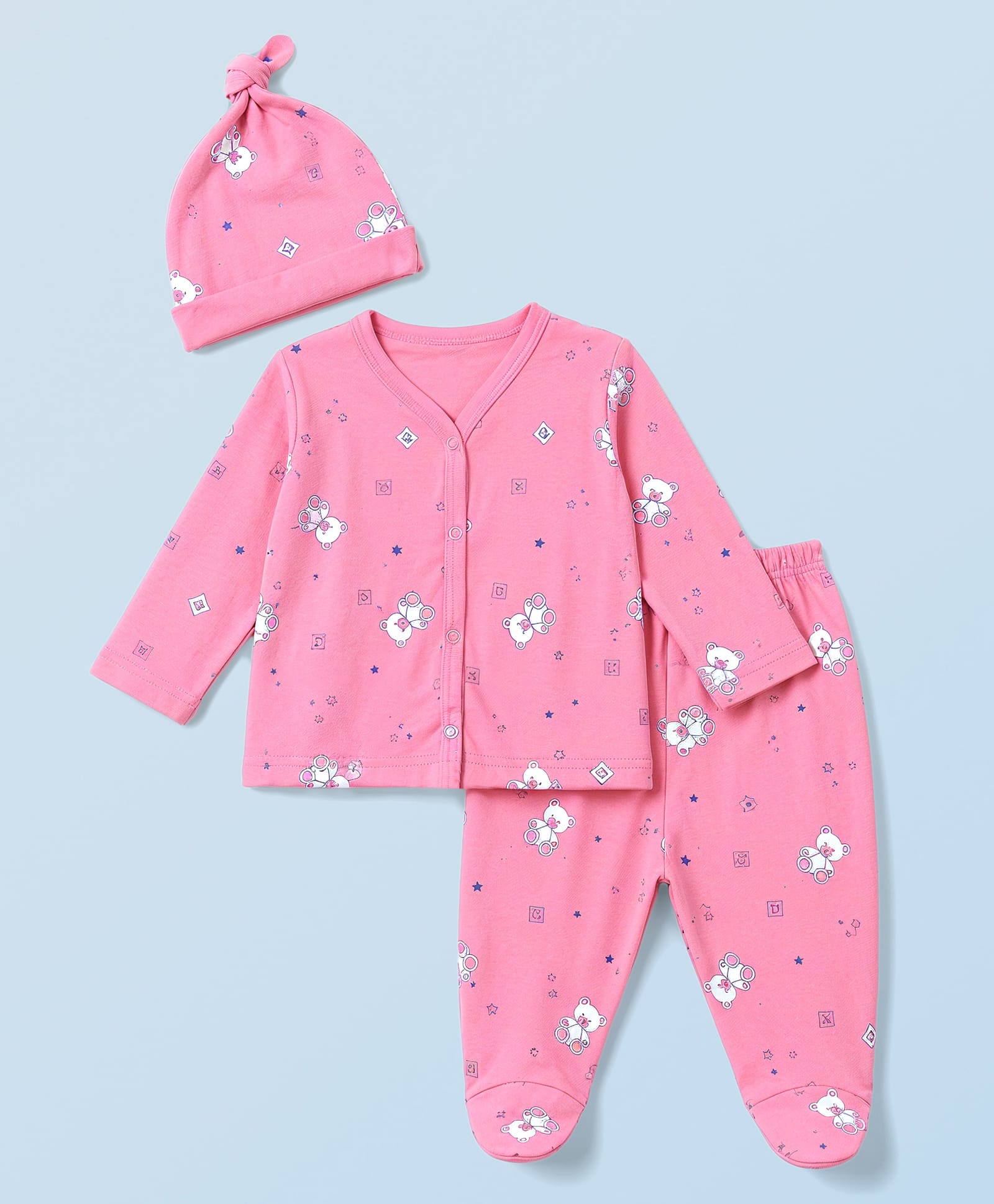 Doodle Poodle 100% Cotton Interlock Knit Full Sleeves Co-Ords Bear Printed Top & Pyjama Night Suit with Cap - Pink-picture-0