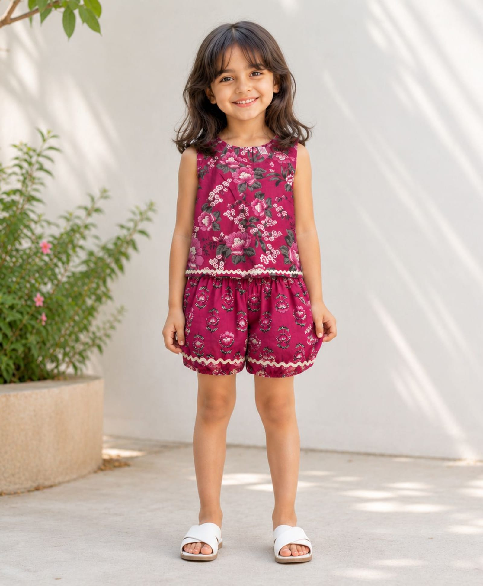 The Magic Wand Cotton Woven Sleeveless Ric Rac Lace Embellished Floral Printed Top & Shorts Night Suit - Magenta-picture-33
