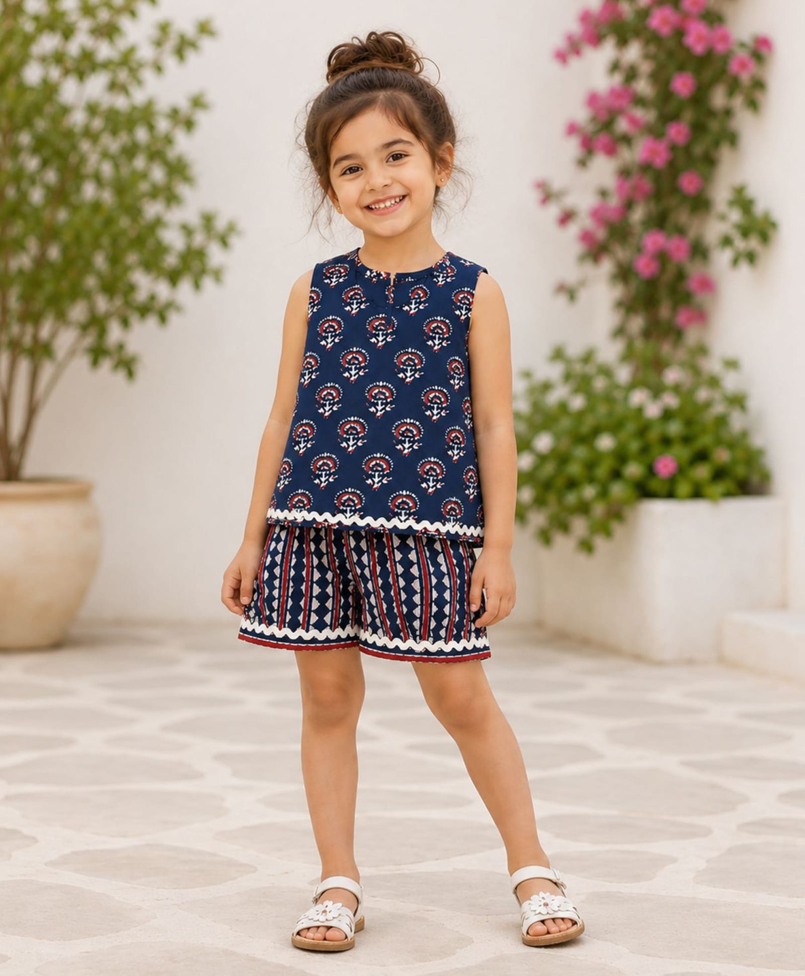 The Magic Wand Cotton Woven Sleeveless Ric Rac Lace Embellished Floral Motifs Printed Top & Shorts Night Suit - Indigo-picture-24