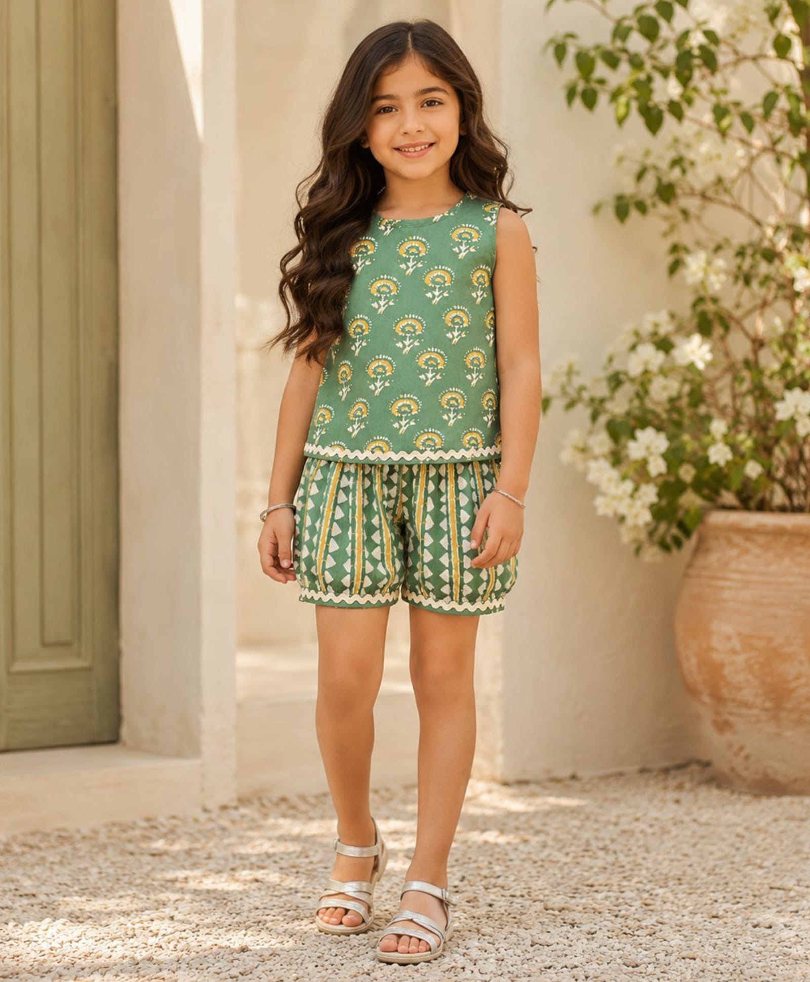 The Magic Wand Cotton Woven Sleeveless Ric Rac Lace Embellished Floral Motifs Printed Top & Shorts Night Suit - Green-picture-48