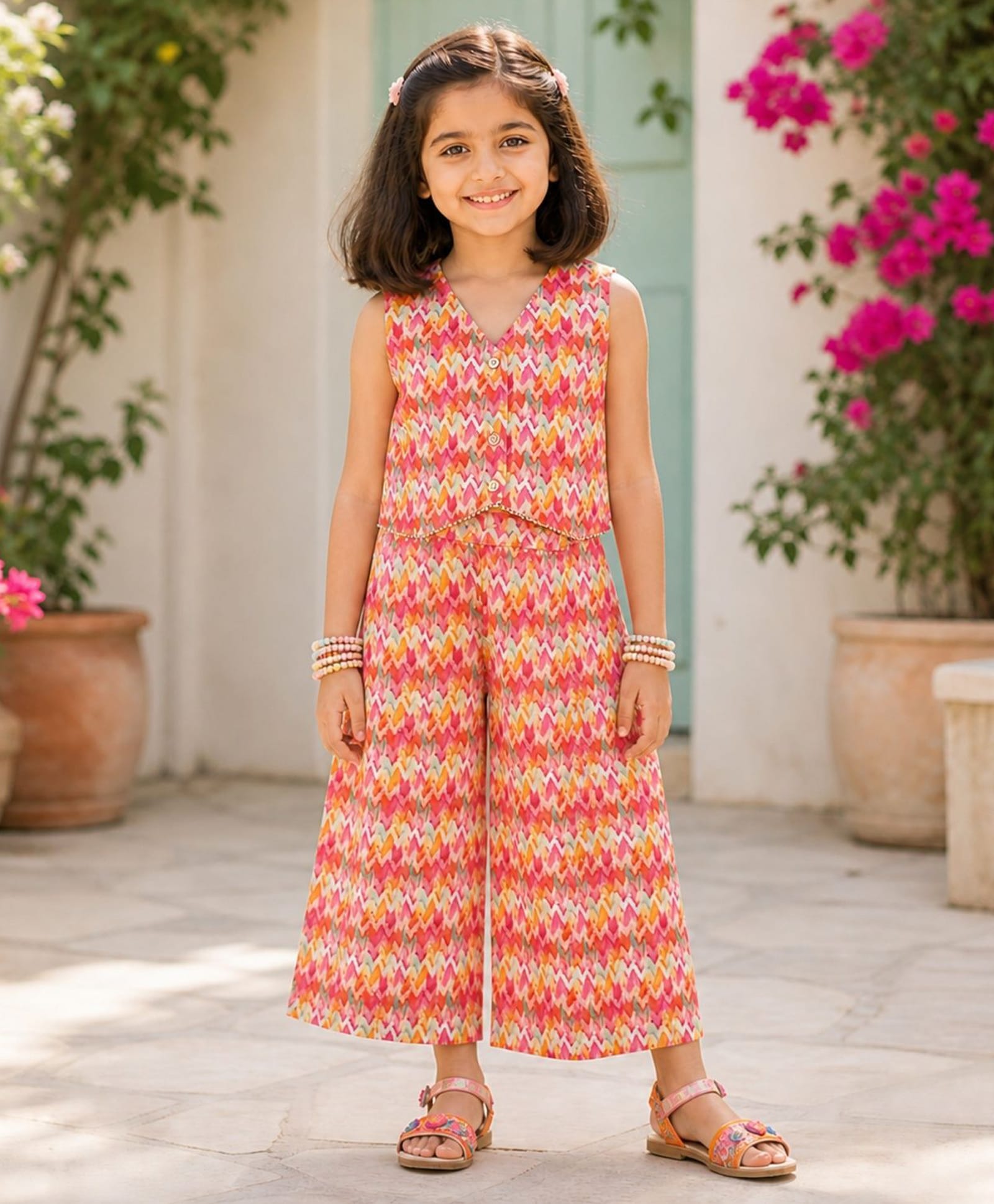The Magic Wand Polyester Woven Sleeveless Chevron Printed Coordinating Top & Pants Set - Orange-picture-11