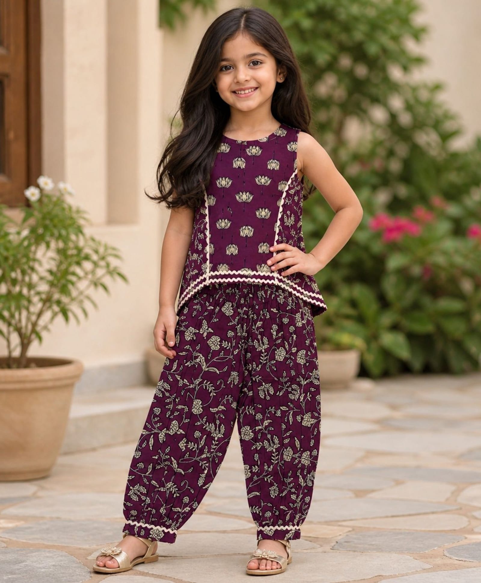 The Magic Wand Cotton Woven Sleeveless Ric Rac Lace Embellished & Floral Printed Kurti & Afghani Set - Wine-picture-48