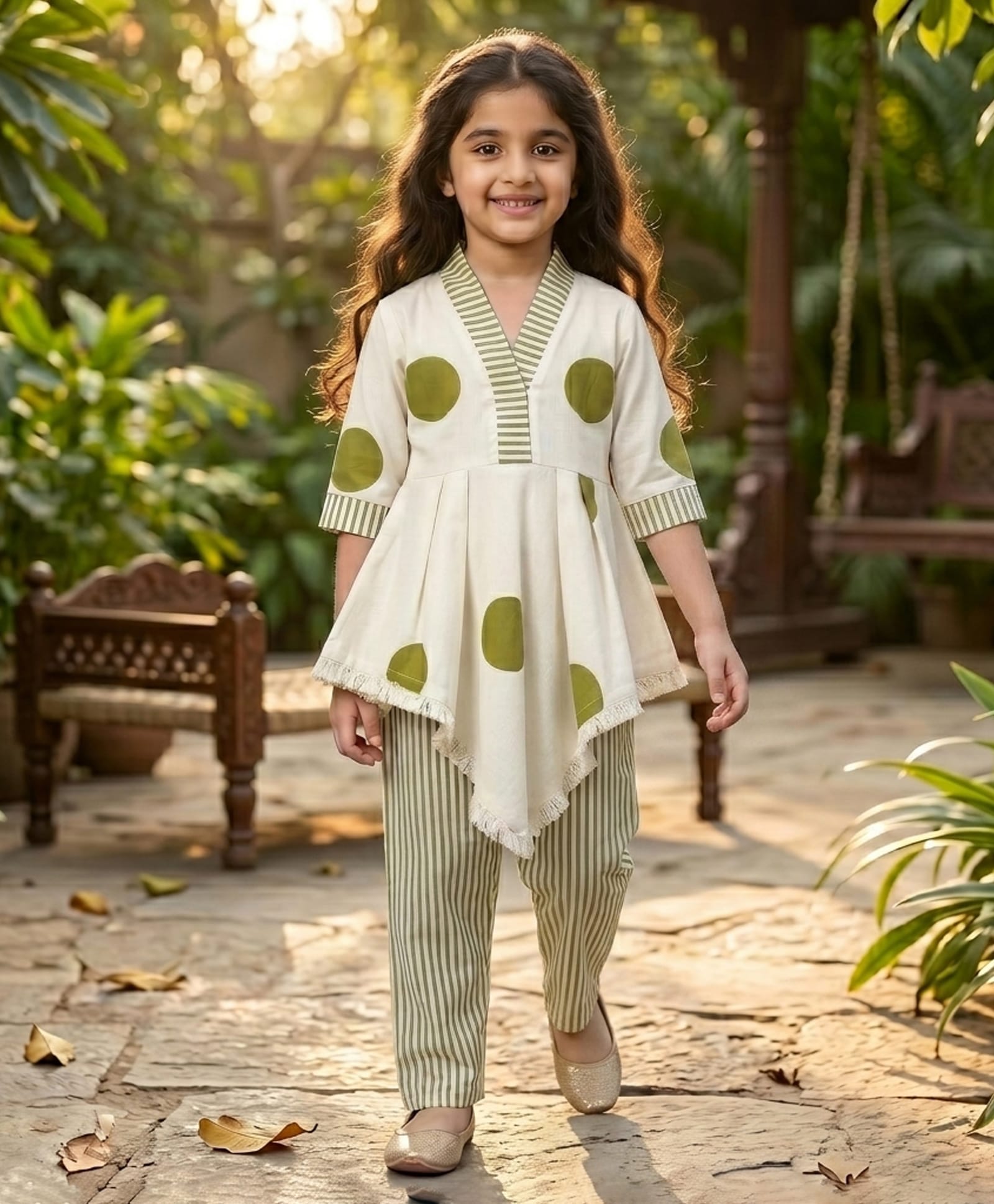 Bolly Lounge Cotton Blend Woven Three Fourth Sleeves Polka Dots Printed Kurti & Pants Set - Green-image-22