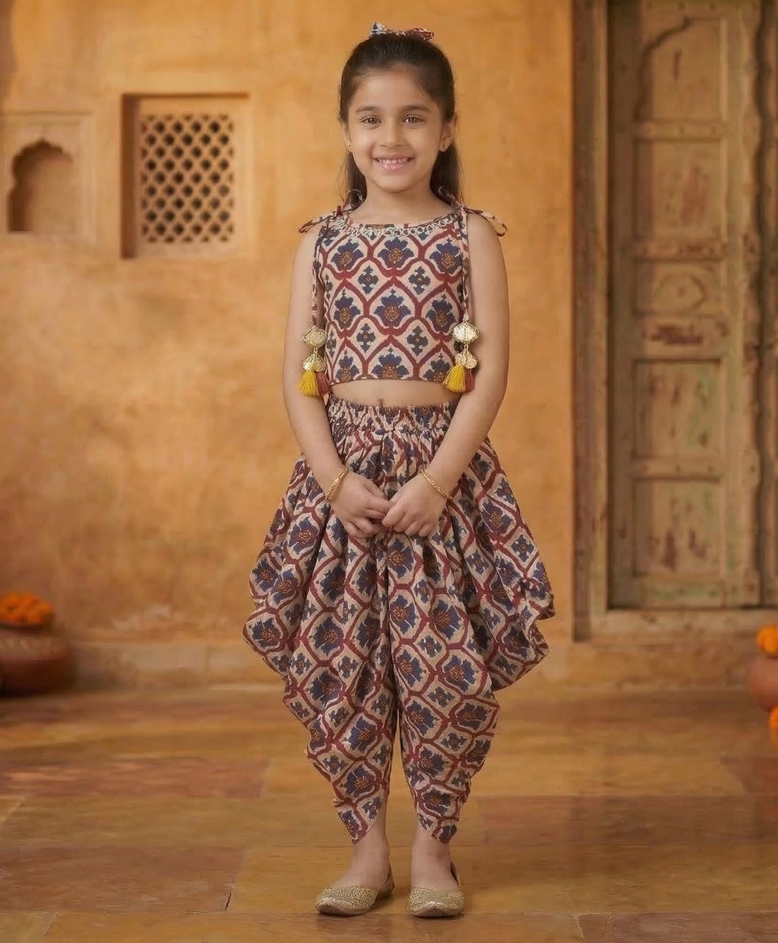 Bolly Lounge Cotton Blend Woven Sleeveless Abstract Printed Crop Top & Dhoti Set - Multi Colour-image-48