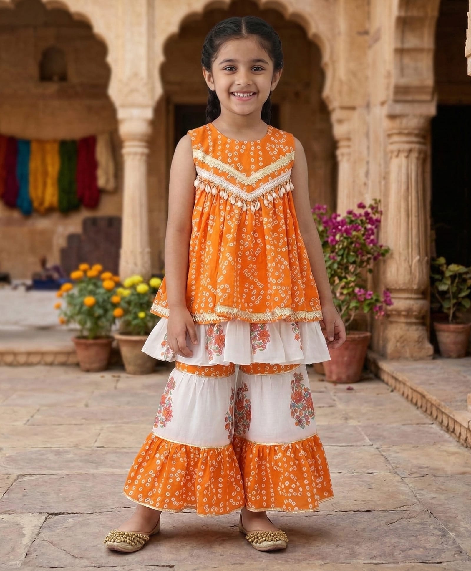 Bolly Lounge Cotton Blend Woven Sleeveless Bandhani Printed Lace & Shell Embellished Kurti & Sharara Set - Orange-image-38