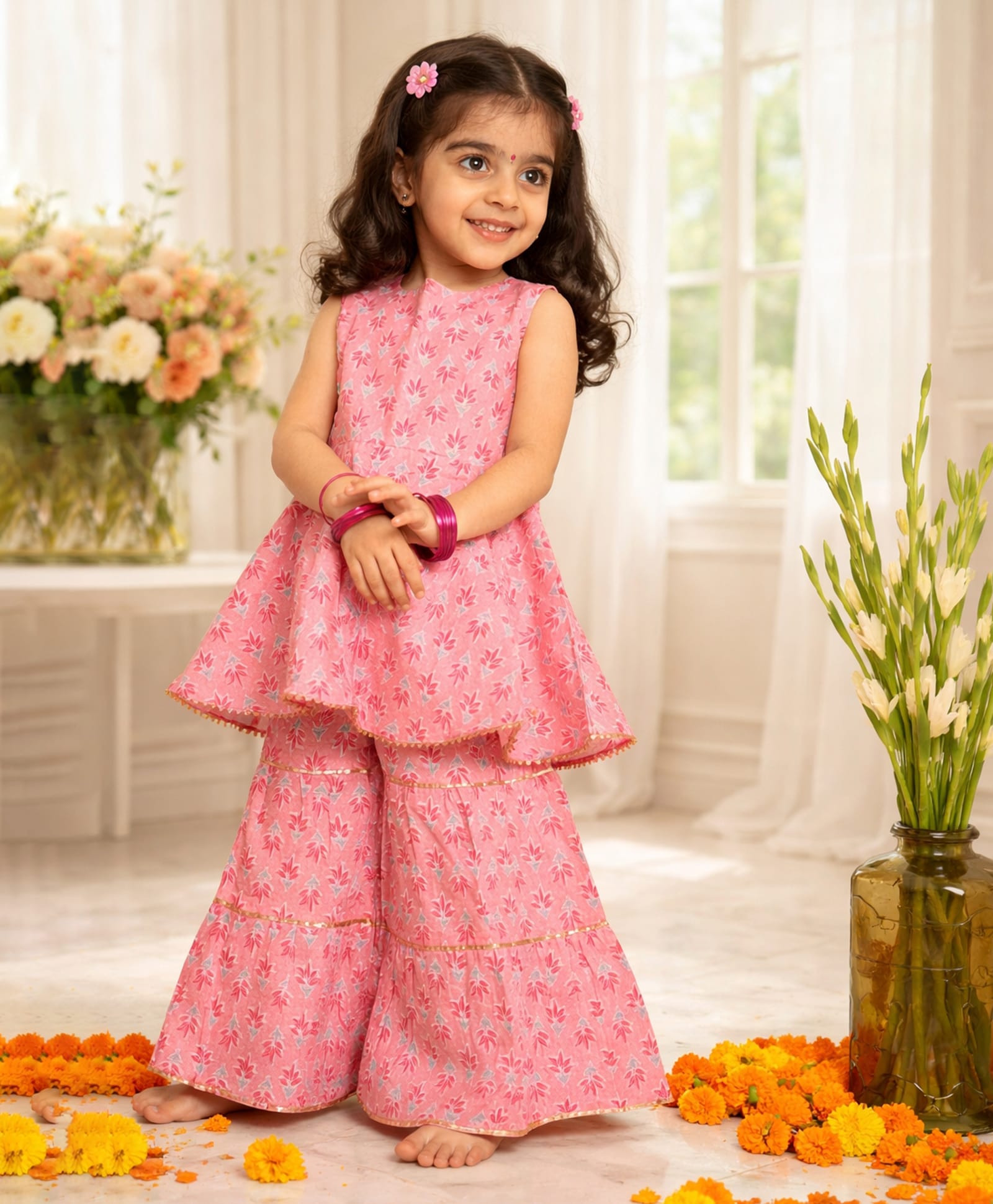 Bolly Lounge Cotton Blend Woven Sleeveless Floral Printed Kurti & Sharara Set - Light Pink-image-22