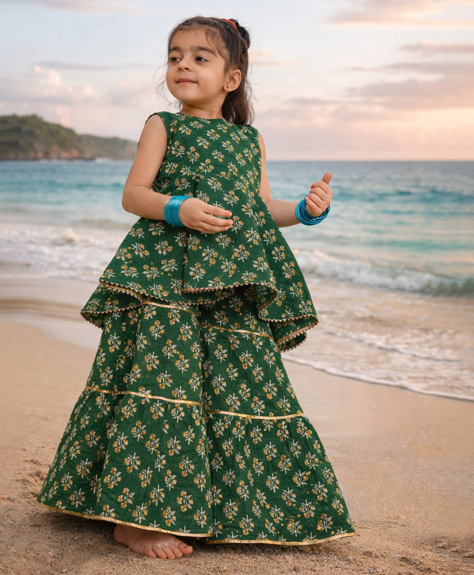 Bolly Lounge Cotton Blend Woven Sleeveless Floral Printed Kurti & Sharara Set - Green-image-29
