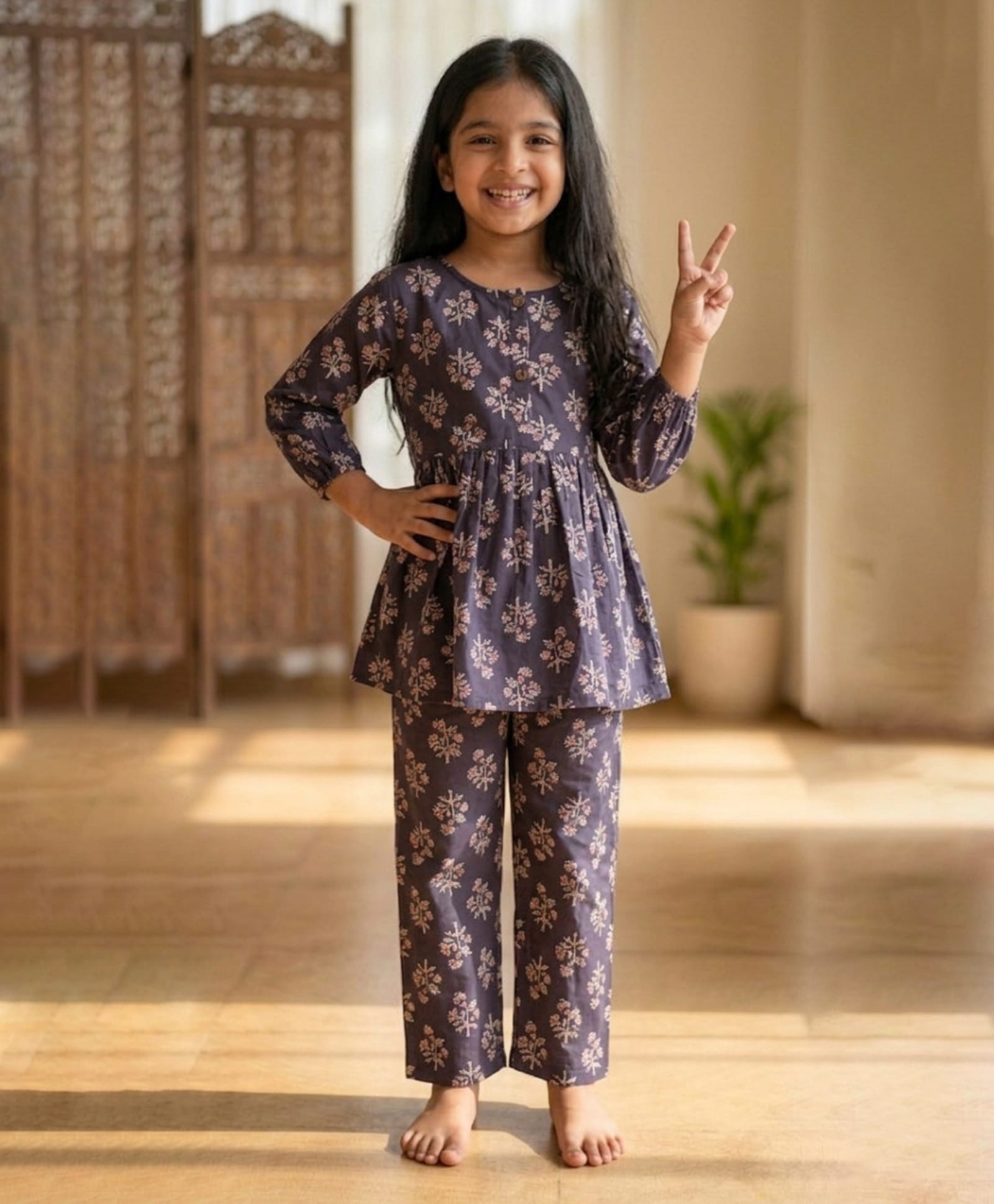 Bolly Lounge Cotton Blend Woven Full Sleeves Floral Printed Kurti & Pants Set - Navy Blue-image-46