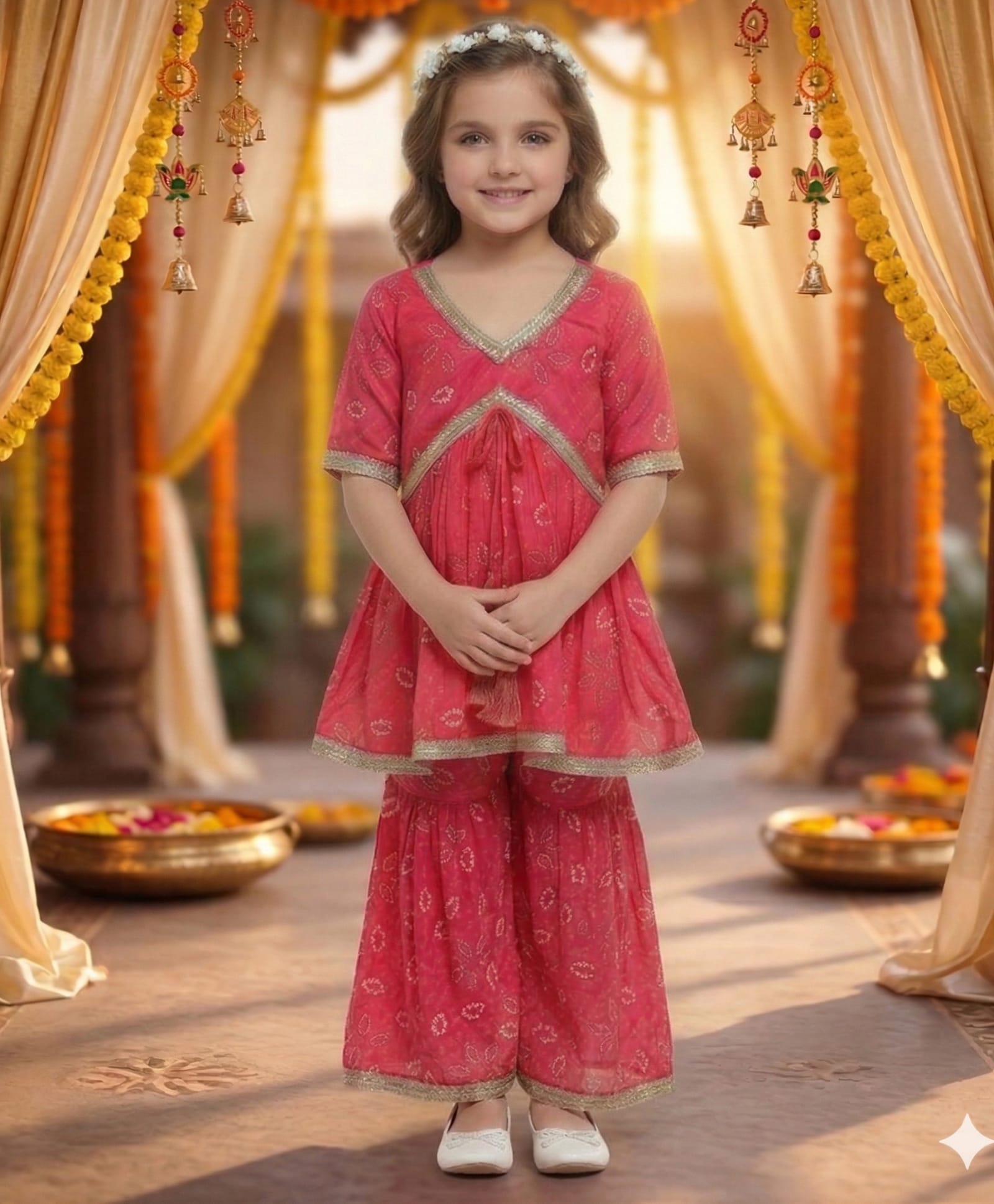 Bolly Lounge Cotton Blend Woven Half Sleeves Bandhani Printed Lace Embellished Kurti & Sharara Set - Pink-image-37