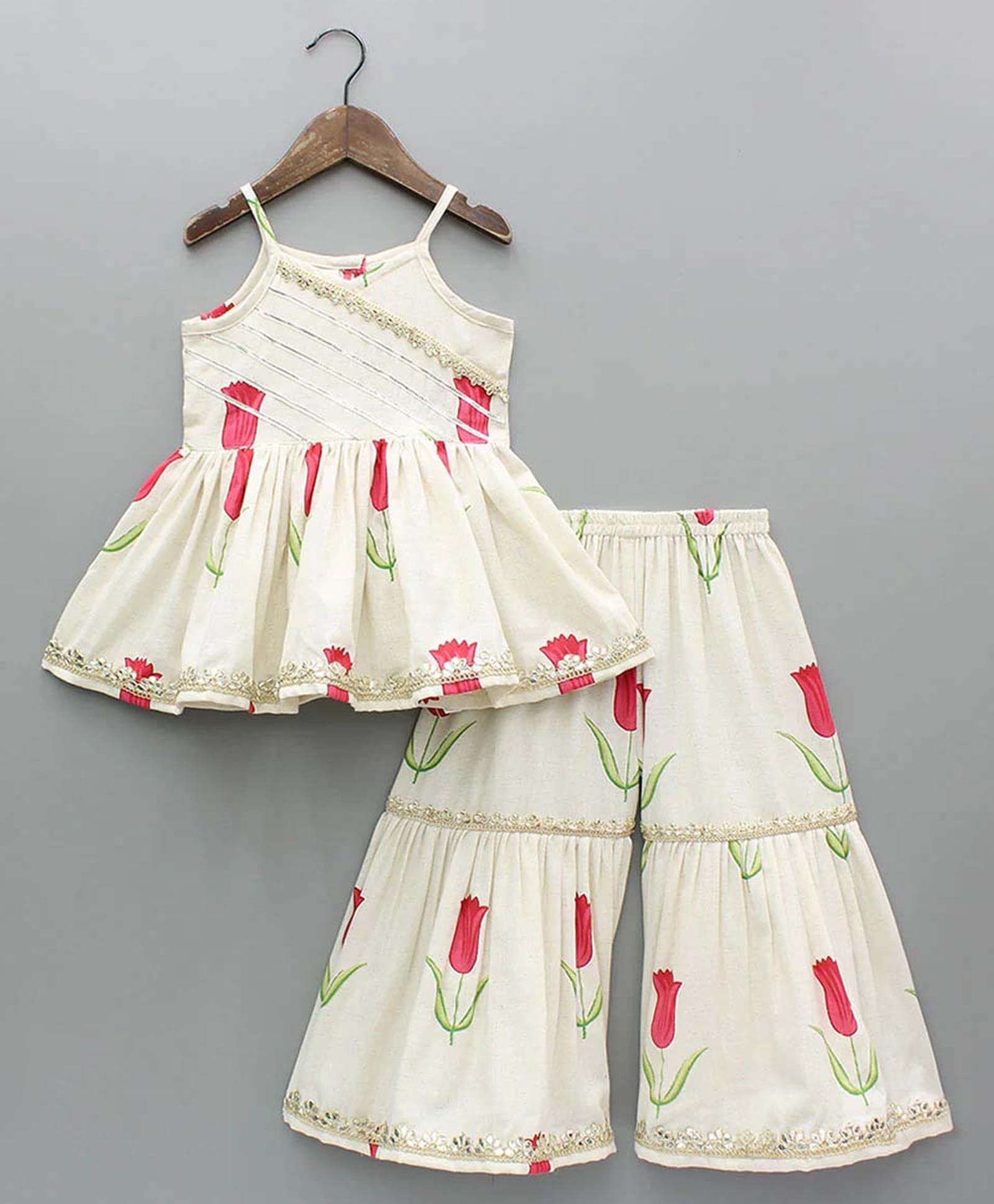 Bolly Lounge Cotton Blend Woven Sleeveless Floral Printed Kurti & Sharara Set - Red-image-23