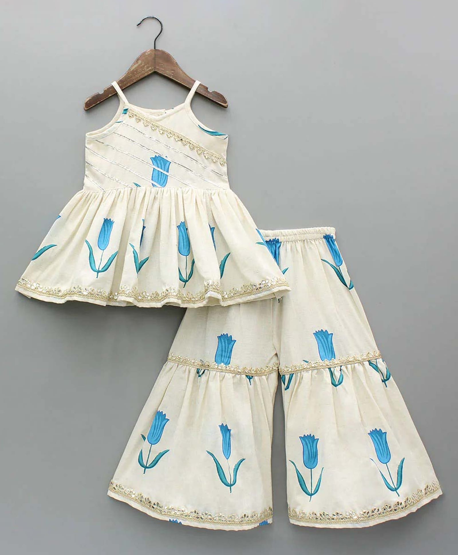 Bolly Lounge Cotton Blend Woven Sleeveless Floral Printed Kurti & Sharara Set - Sky Blue-image-31